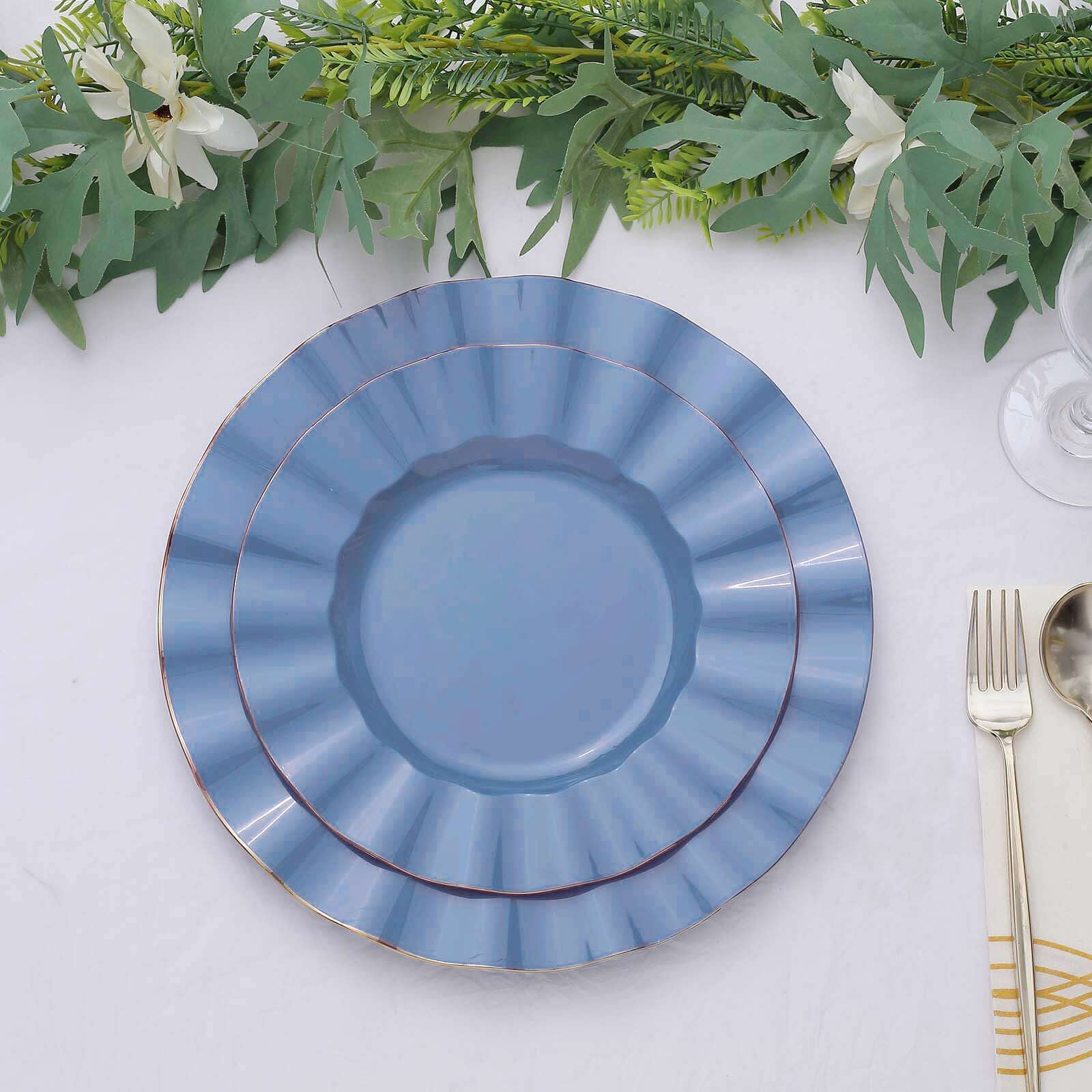 10-Pack Plastic 11 Round Dinner Plates in Ocean Blue Ruffled Rim with Gold Edging - Sturdy Disposable Dinnerware