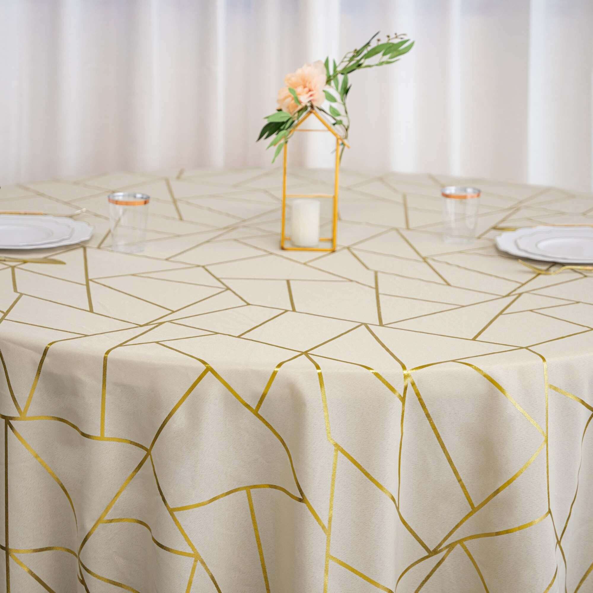 Polyester 120 Round Tablecloth Beige with Gold Foil Geometric Pattern Wrinkle-Resistant Seamless Table Cover