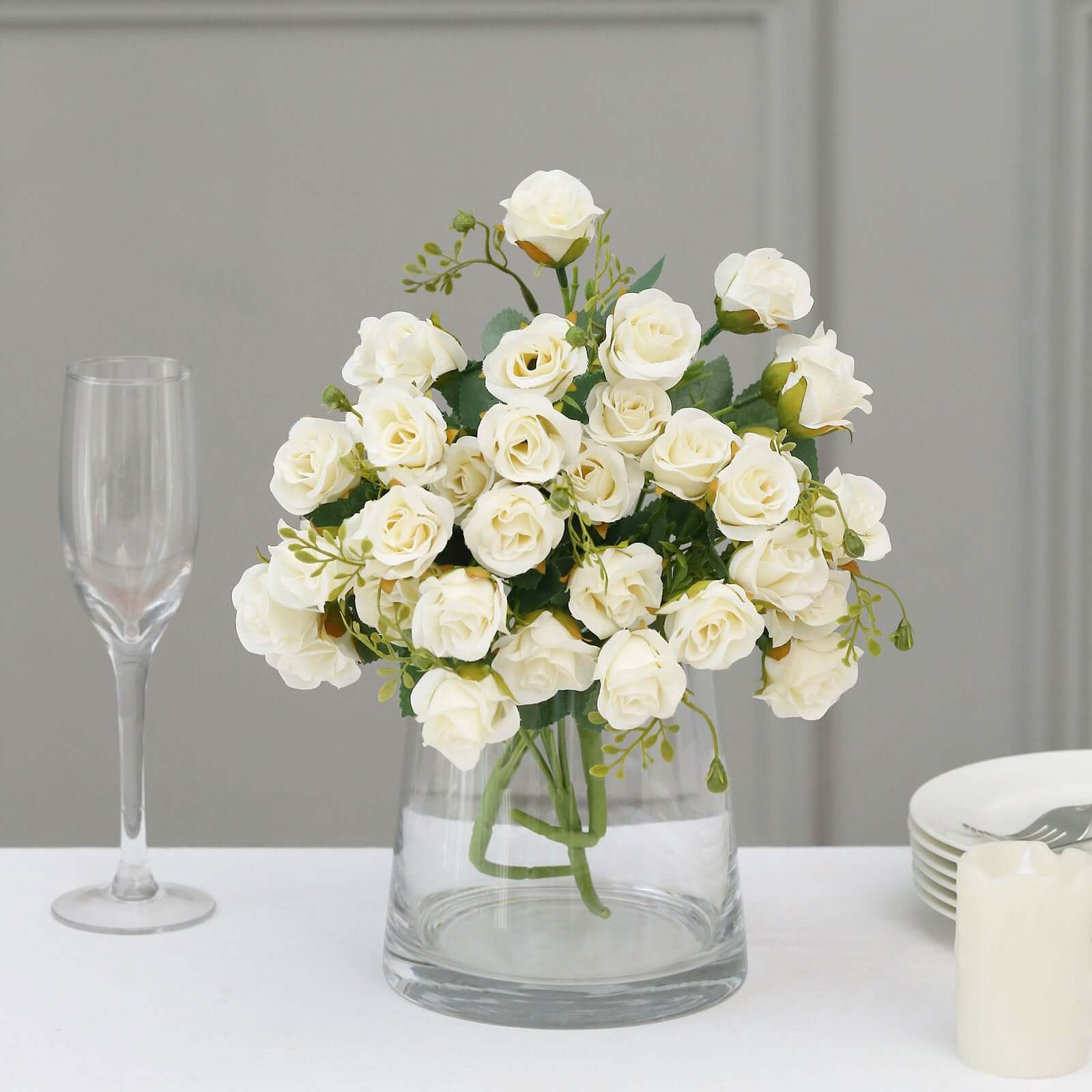2 Pack 12 Ivory Artificial Open Rose Flower Arrangements, Small Faux Floral Bouquets