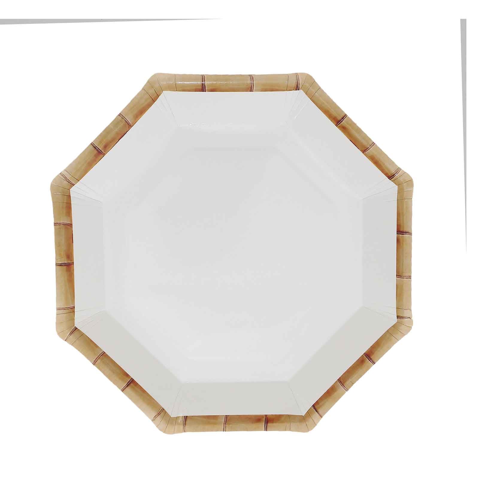 25-Pack Paper 9 Octagonal Dinner Plates in White with Bamboo Print Rim - Disposable Geometric Party Plates for Tropical & Beach Themed Celebrations