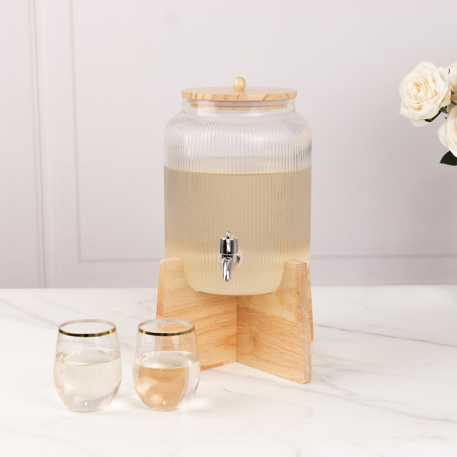 1 Gallon Clear Ribbed Glass Beverage Dispenser, Round Juice Jar with Wooden Stand and Lid - Lead-Free Countertop Feature 14