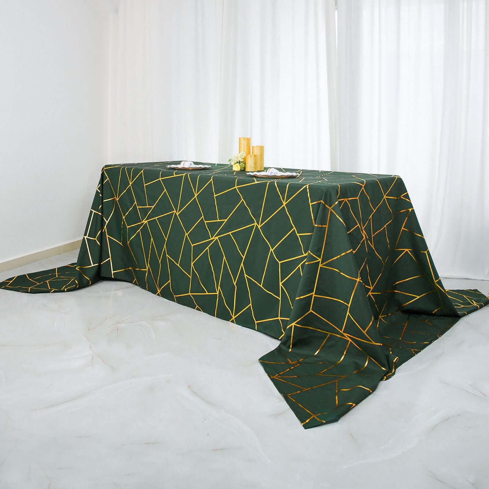 Polyester 90x132 Rectangle Tablecloth Hunter Emerald Green with Gold Foil Geometric Pattern - Wrinkle-Resistant Seamless Table Cover