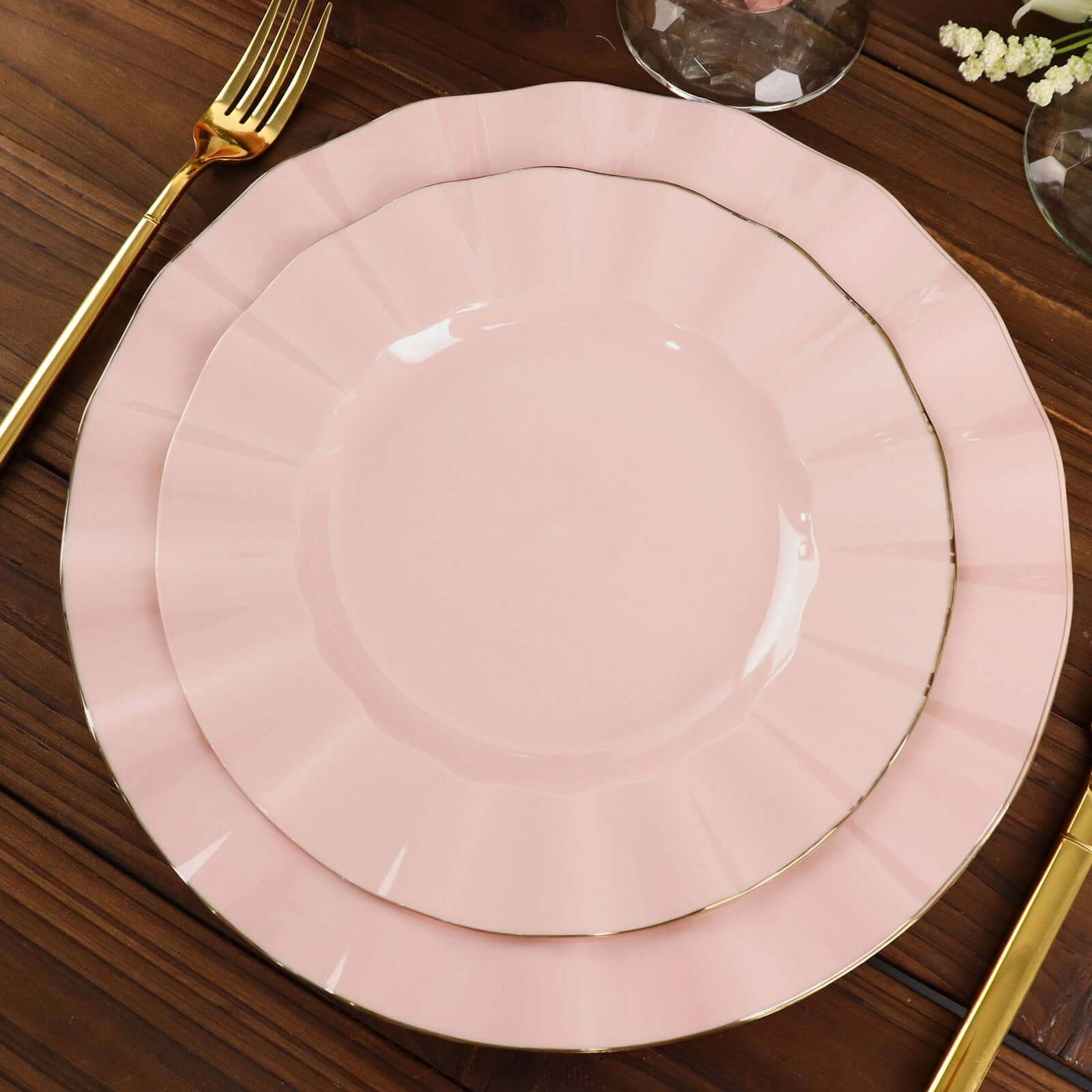 10-Pack Plastic 9 Round Dinner Plates in Blush Ruffled Rim with Gold Edging - Sturdy Disposable Dinnerware