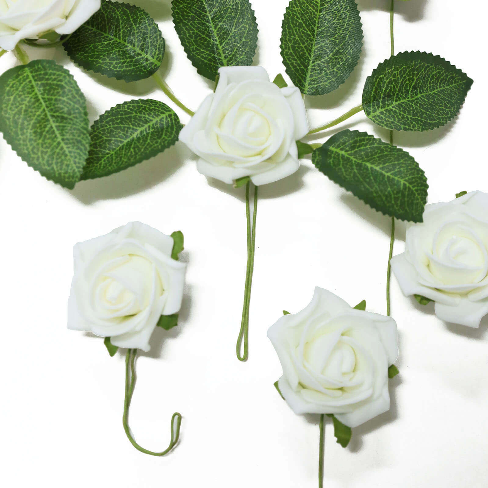 24 Roses 2 Ivory Artificial Foam Flowers With Stem Wire and Leaves