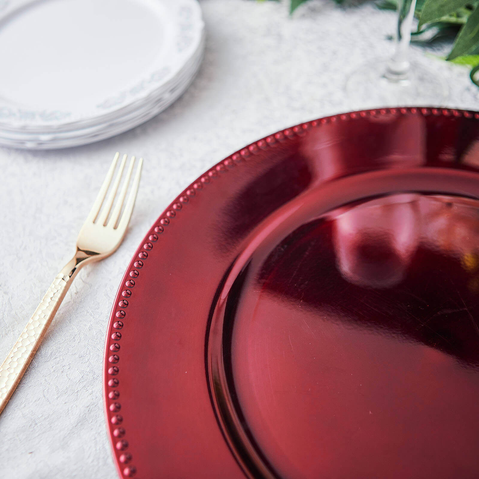 6-Pack Acrylic Round Charger Plates 13 in Burgundy with Beaded Rim, Dinner Charger Event Tabletop Decor