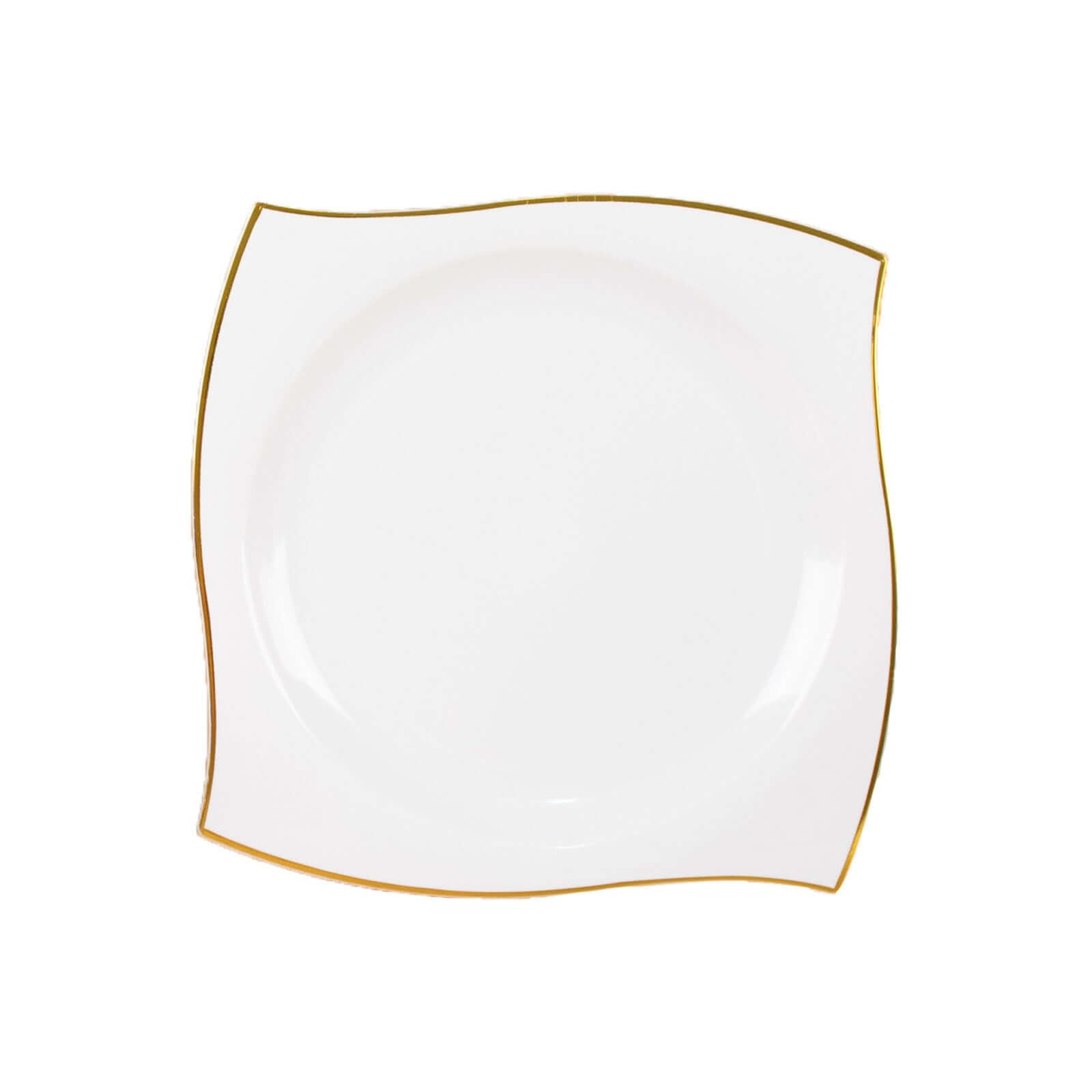 10-Pack Plastic 10 Square Dinner Plates in White with Gold Wavy Rim Modern - Disposable Party Plates for Luxe Events & Banquets