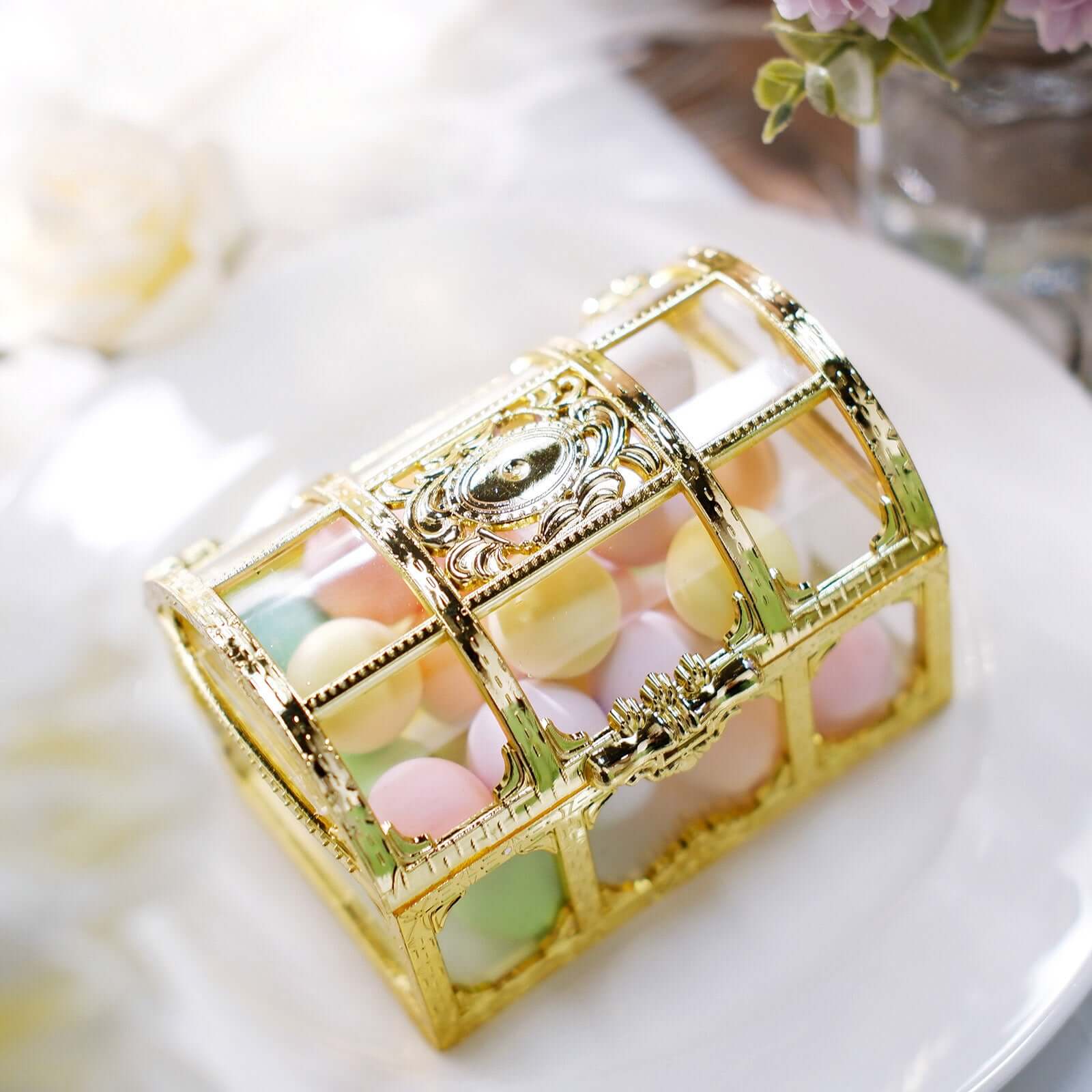 12-Pack Vintage Jewelry Box Candy Containers Clear Gold - Stylish Treasure Chest Favor Boxes 3.5