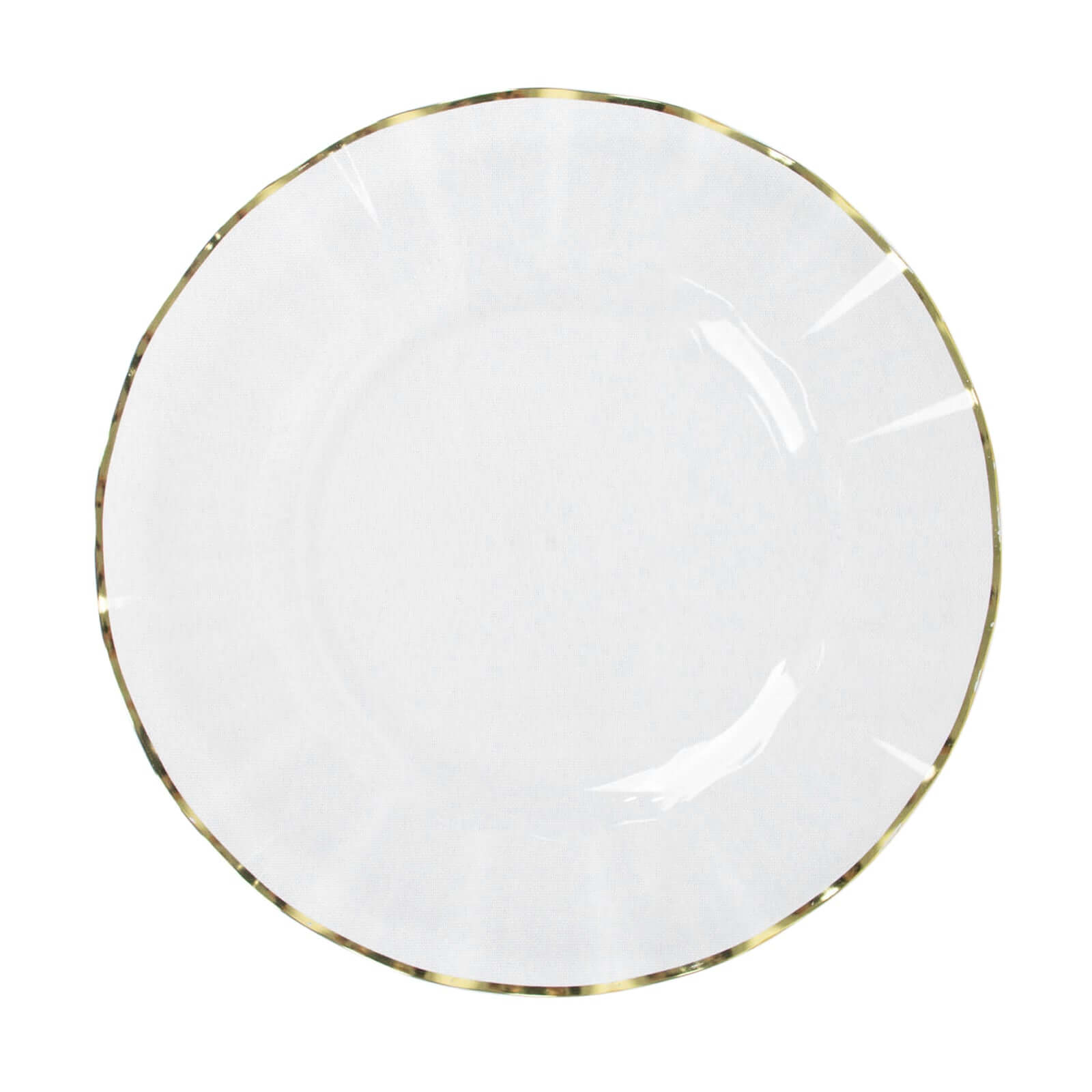 10-Pack Plastic 9 Round Dinner Plates in Clear Ruffled Rim with Gold Edging - Sturdy Disposable Dinnerware