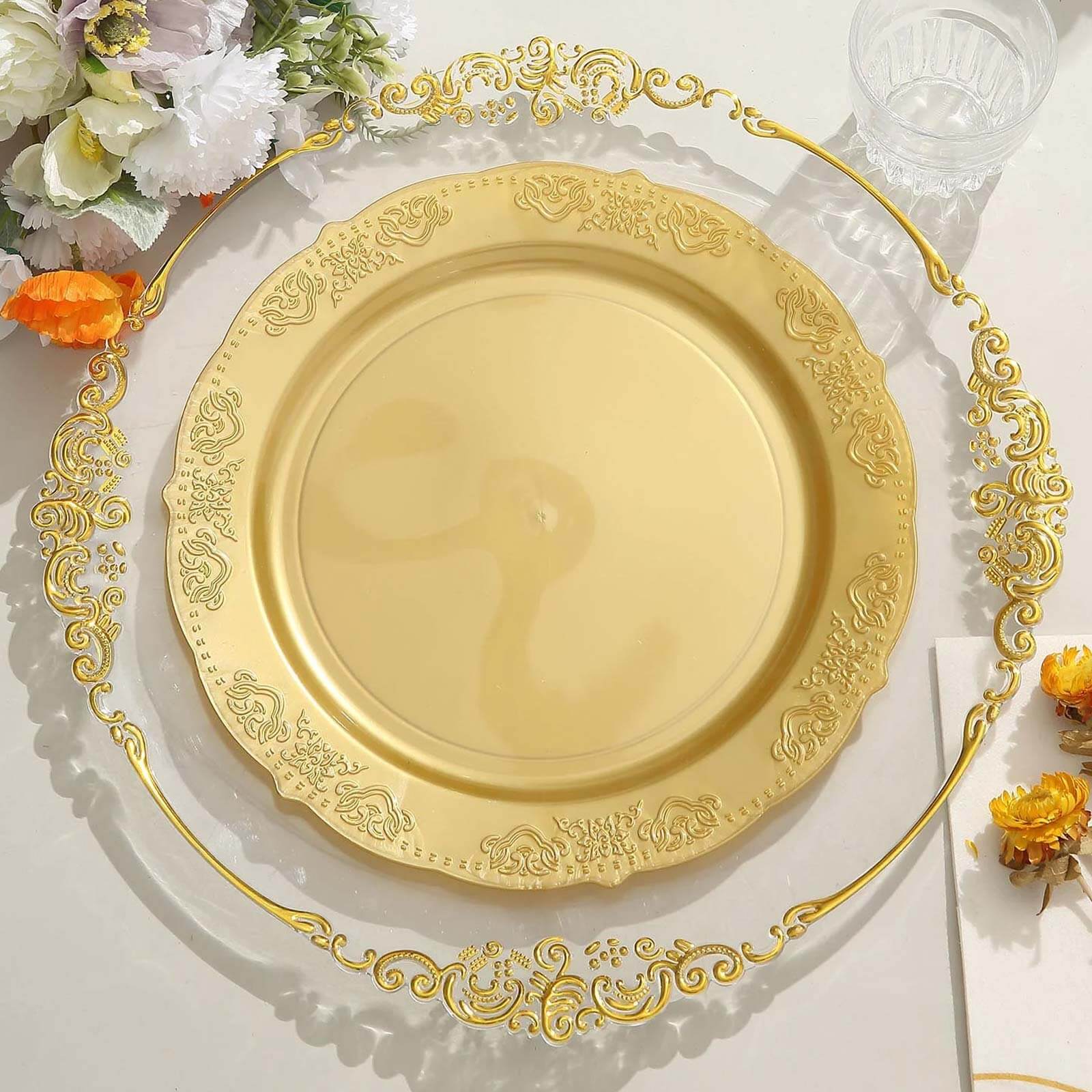 10-Pack Plastic 10 Round Dinner Plates Gold Embossed Scalloped Edge - Chic Disposable Party Plates for Special Occasions & Banquets