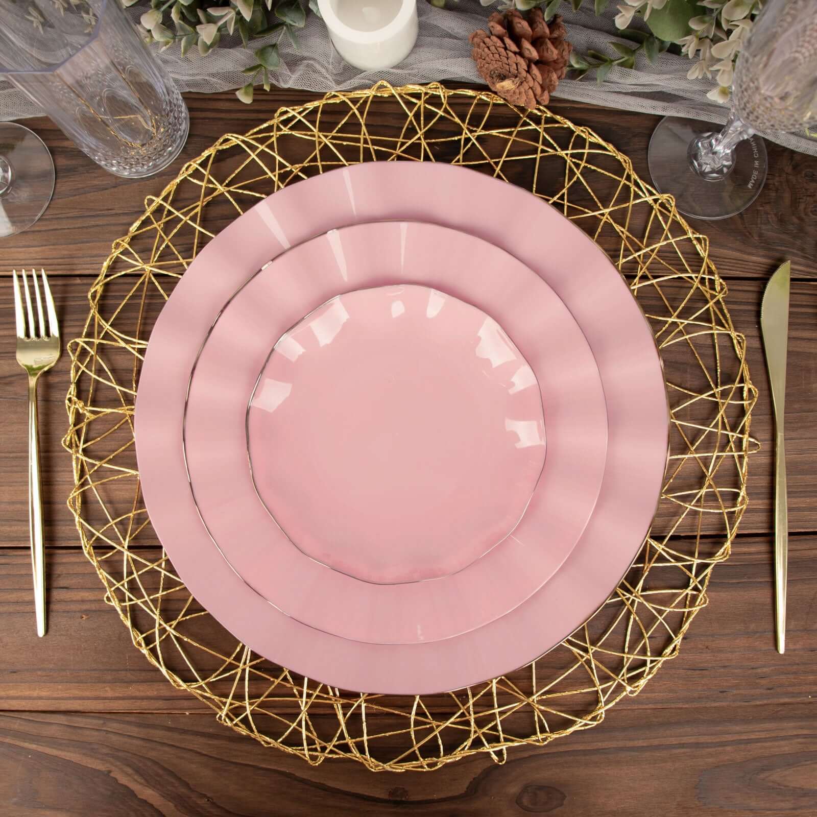 10-Pack Plastic 9 Round Dinner Plates in Dusty Rose Ruffled Rim with Gold Edging - Sturdy Disposable Dinnerware