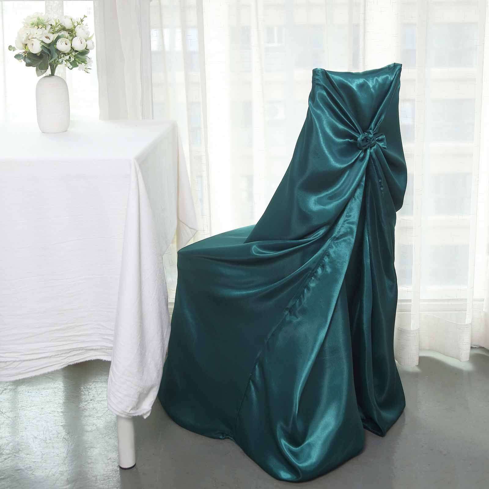 Satin Chair Cover Self-Tie Universal Design Peacock Teal - Durable Slip-On Cover for Folding, Dining, Banquet & Standard Chairs