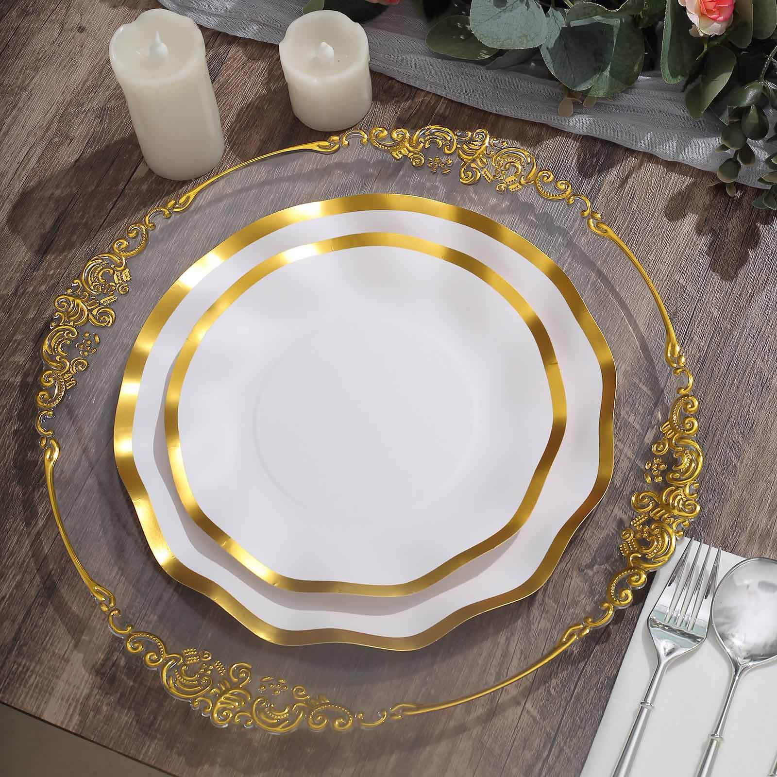 25-Pack Paper Round Dessert Plates 8 Matte White with Gold Wavy Rim - Disposable 350GSM Salad Plates for Banquets & Upscale Gatherings