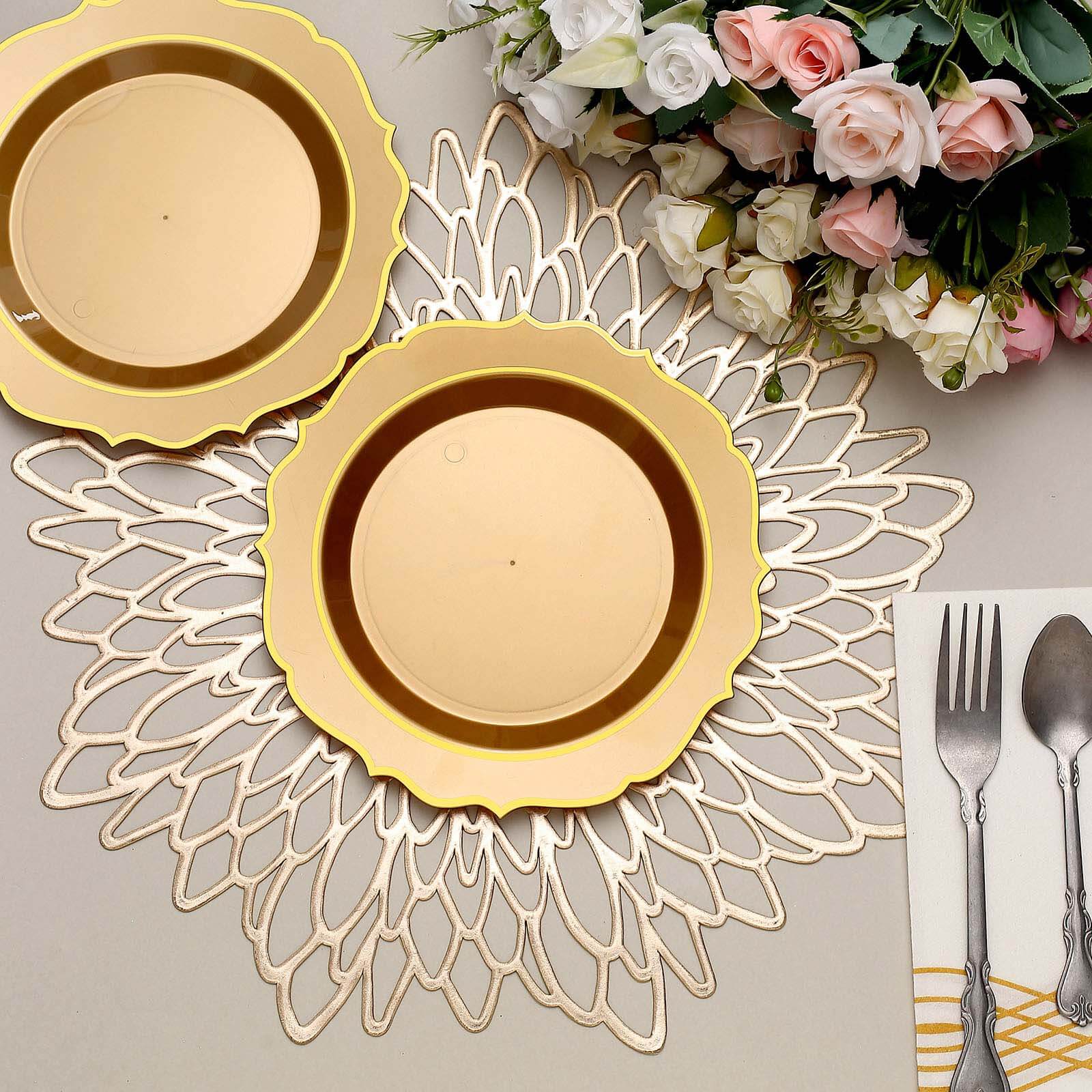 10-Pack Plastic 8 Round Desert Plates in Gold with Gold Scalloped Rim - Disposable Appetizer/Salad Plates