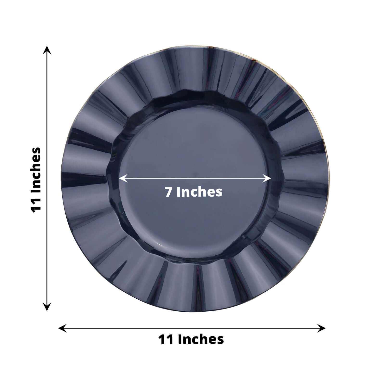 10-Pack Plastic 11 Round Dinner Plates in Navy Blue Ruffled Rim with Gold Edging - Sturdy Disposable Dinnerware