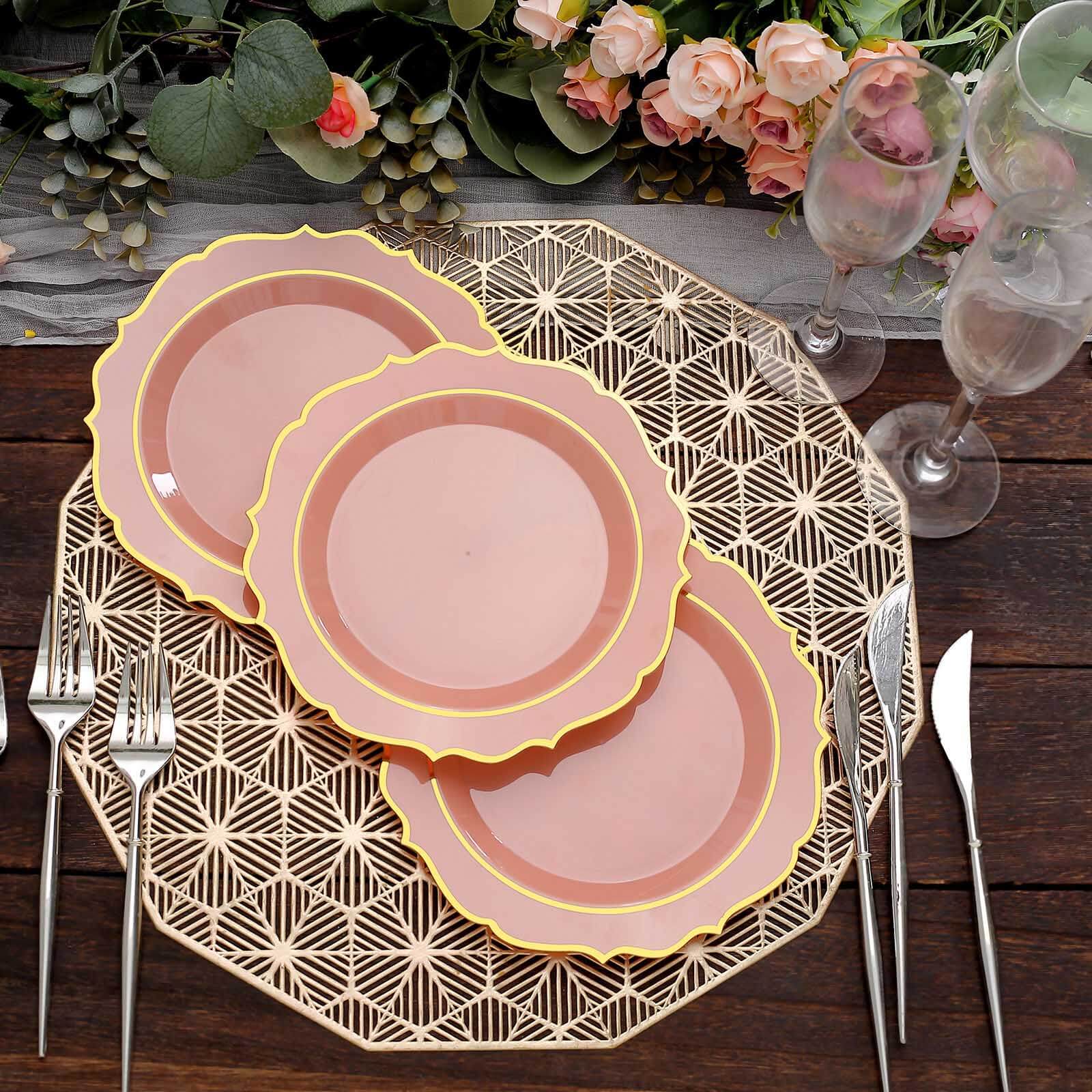 10-Pack Plastic 8 Round Desert Plates in Dusty Rose with Gold Scalloped Rim - Disposable Appetizer/Salad Plates