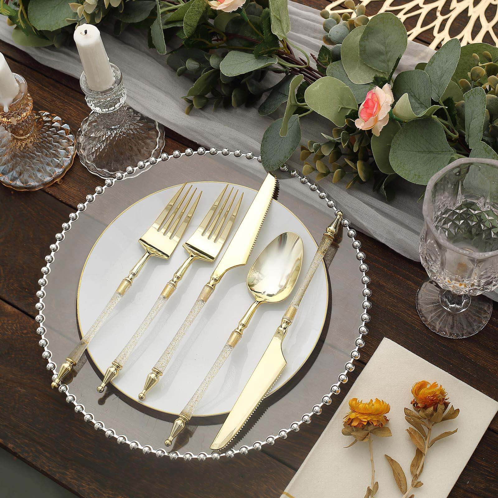 24-Pack Plastic Utensil Set with Roman Column Handle Gold/Clear - Glittered Disposable Silverware