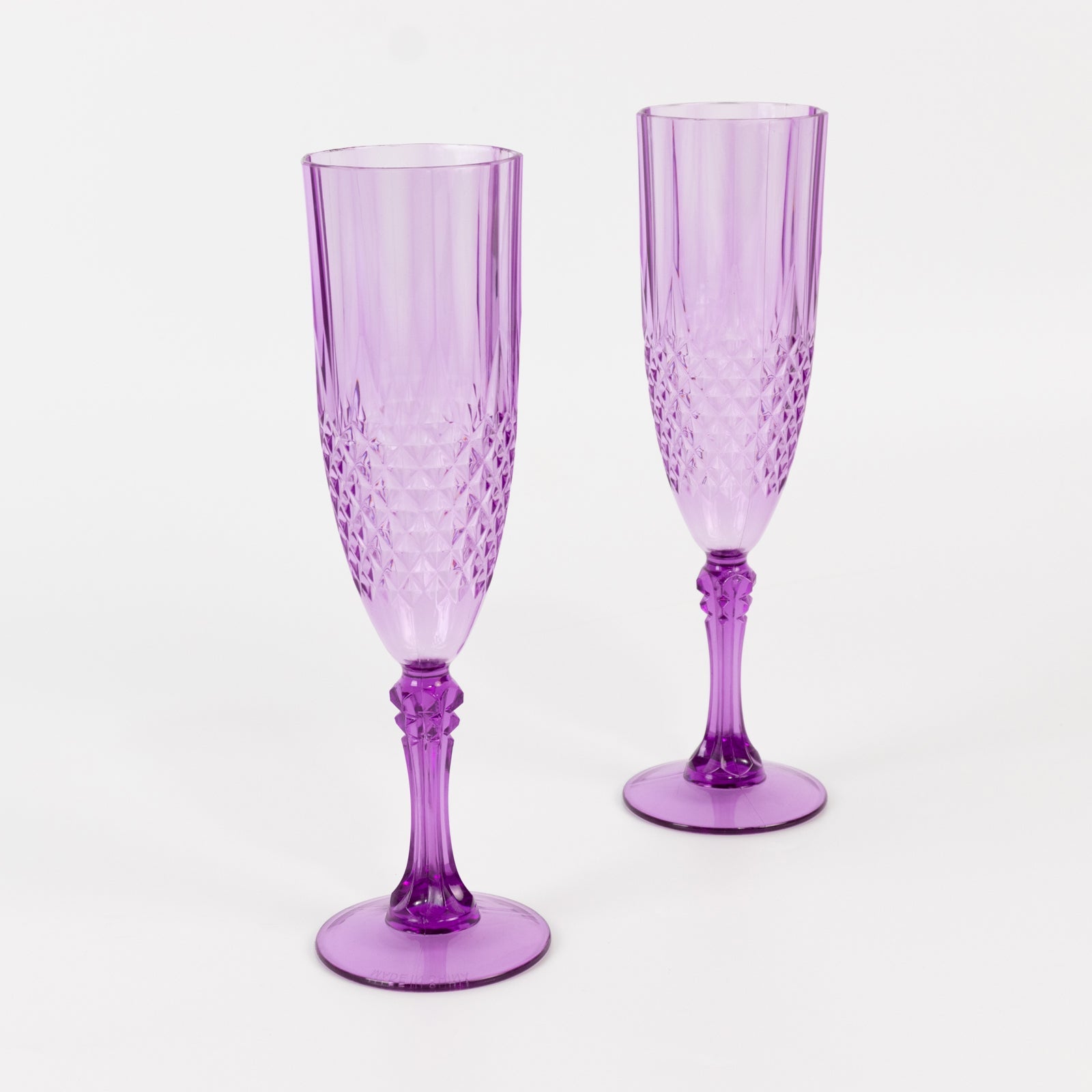 6-Pack Plastic Wedding Toast Flutes Purple Transparent Crystal Cut Style - Reusable Champagne Glasses 8oz