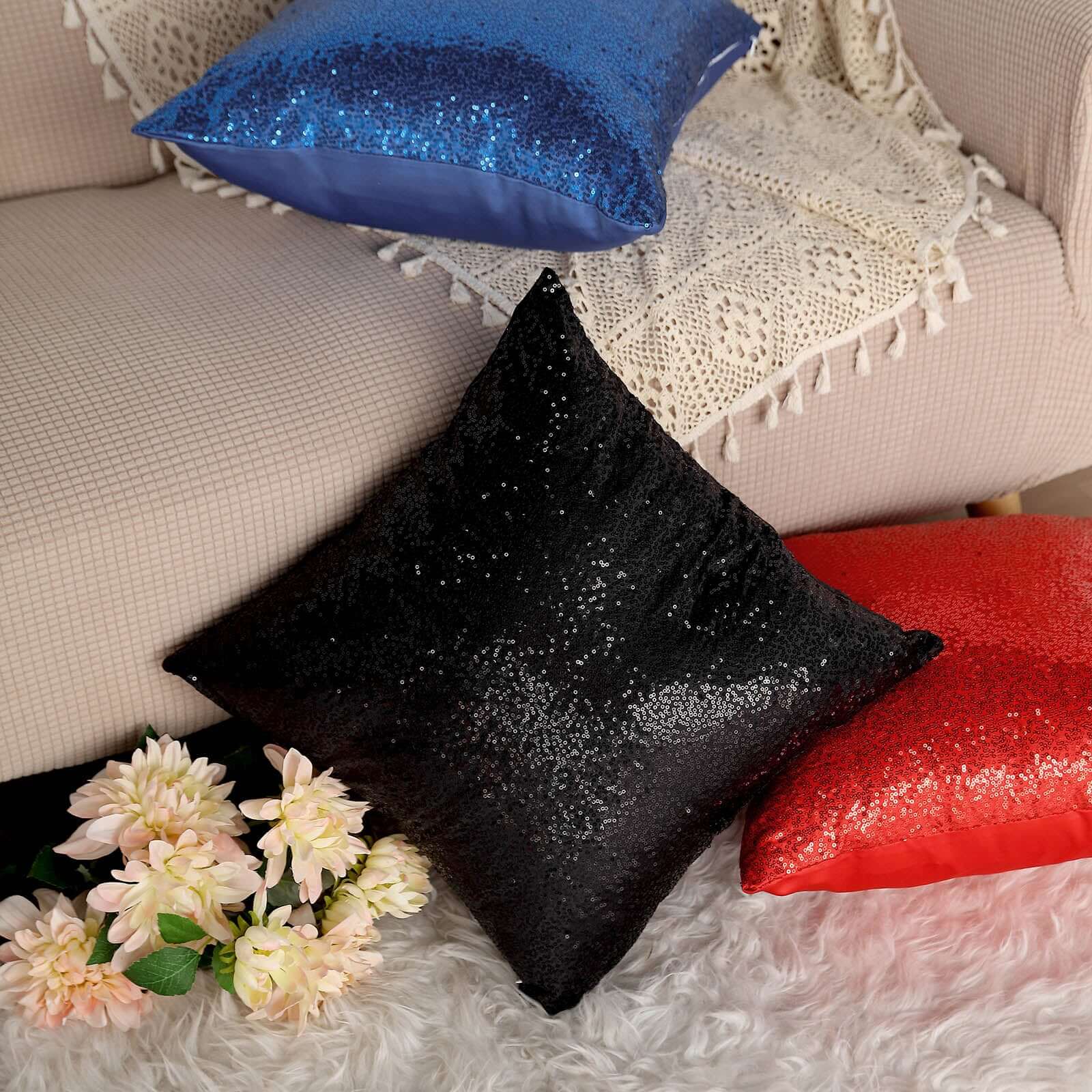 2 Pack 18x18 Sequin Throw Pillow Cover, Decorative Cushion Case - Square Black Sequin