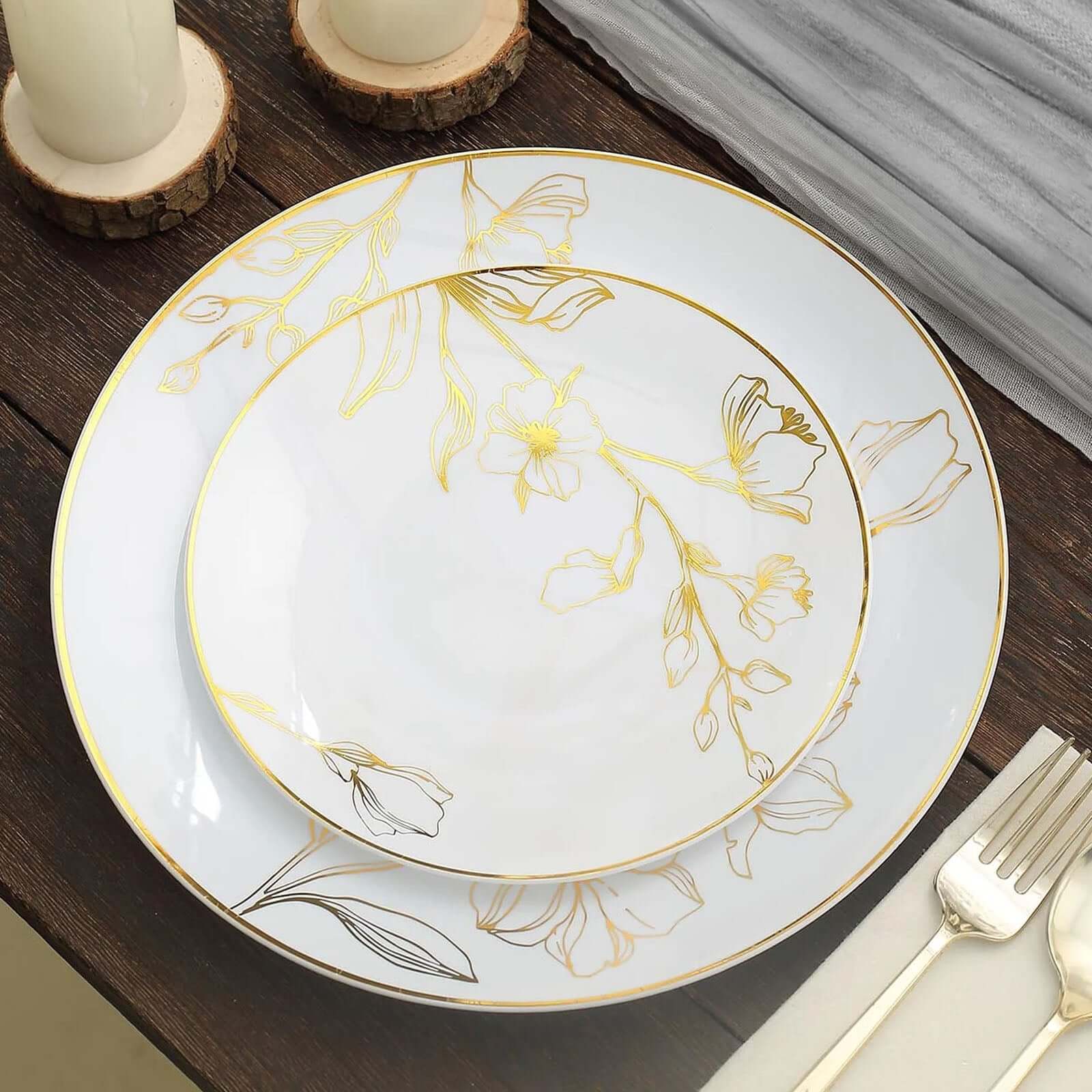 Set of 20 Plastic Round Dinner and Dessert Plates in White with Metallic Gold Floral Design - Stylish Disposable Dinnerware for Banquets & Special Occasions 8, 10