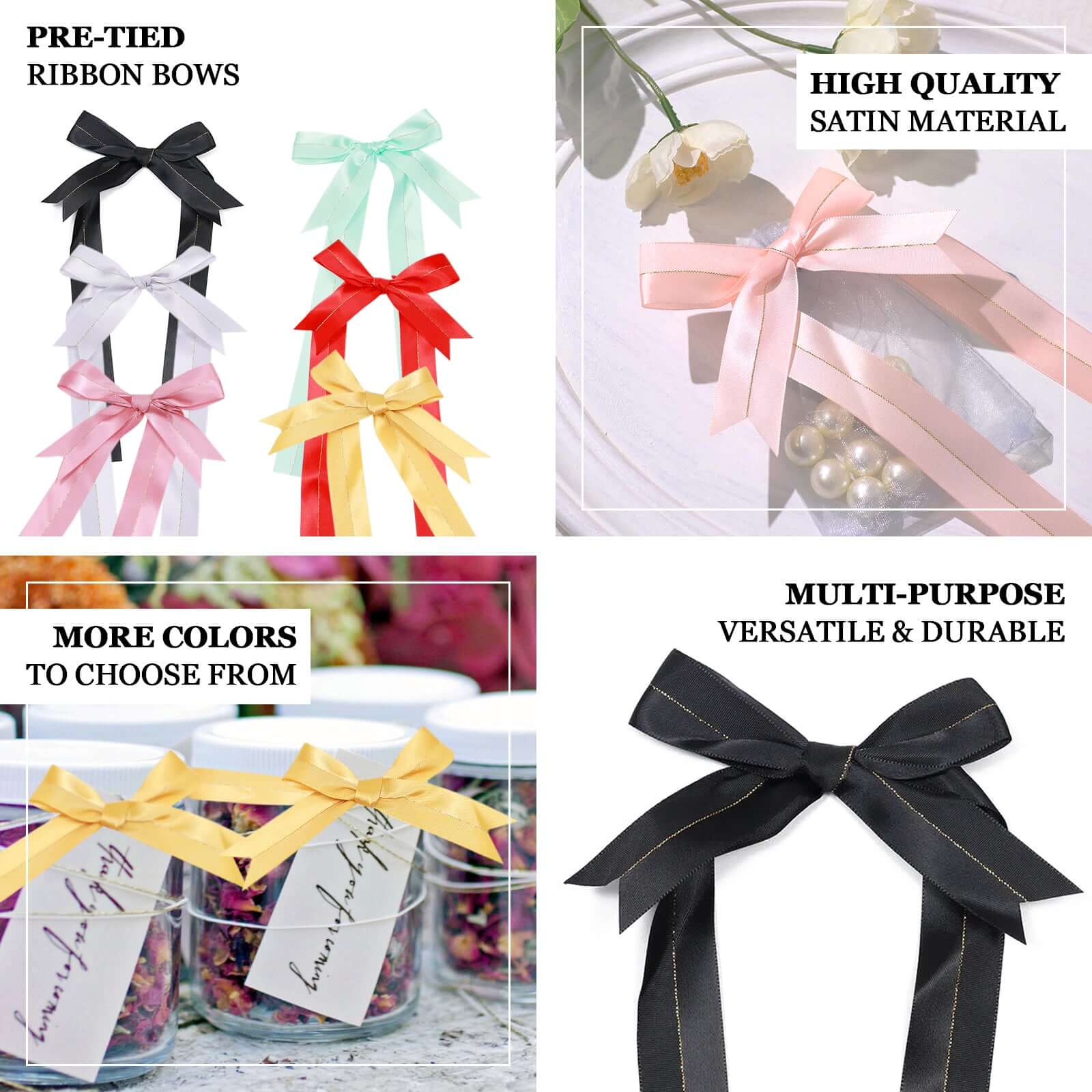 50 PCs 10 Blush Pre Tied Ribbon Bows, Satin Ribbon With Gold Foil Lining For Gift Basket and Party Favors Decor