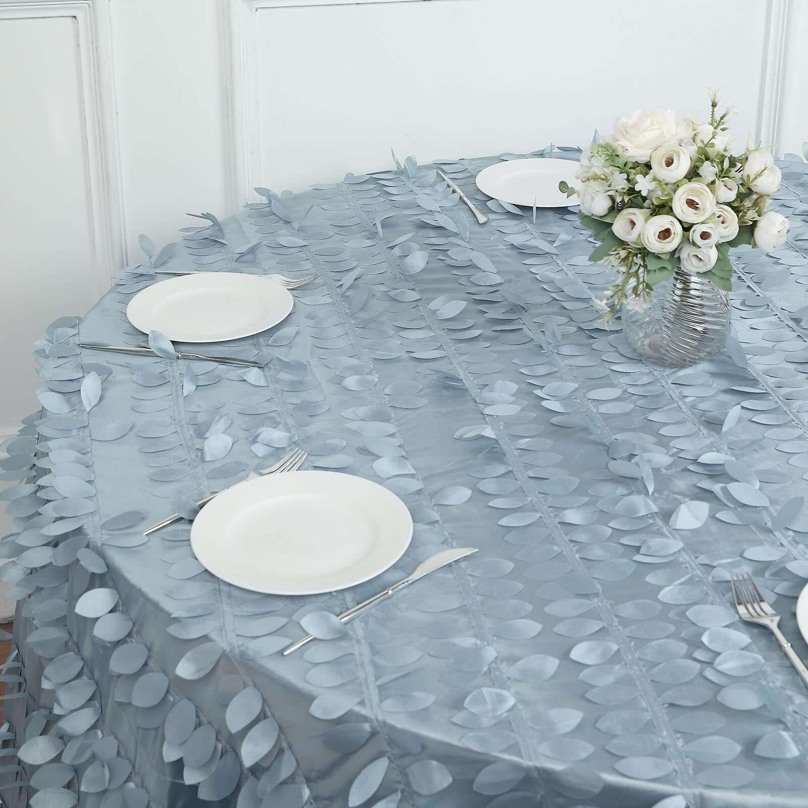 Taffeta 120 Round Tablecloth Dusty Blue | 3D Leaf Petal Design Seamless Table Cover