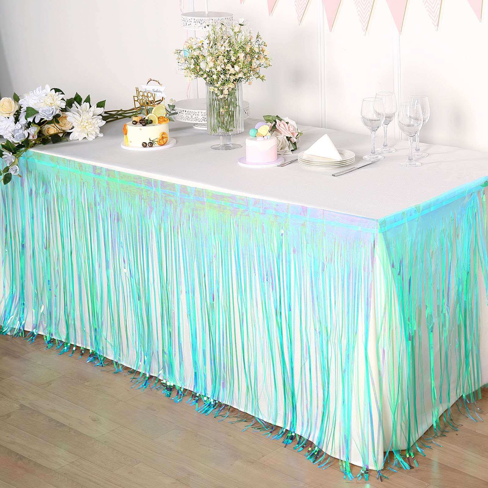 Metallic Foil Fringe Table Skirt Iridescent Blue with Self Adhesive Backing - Durable Tinsel Skirt for Parties 30x9ft