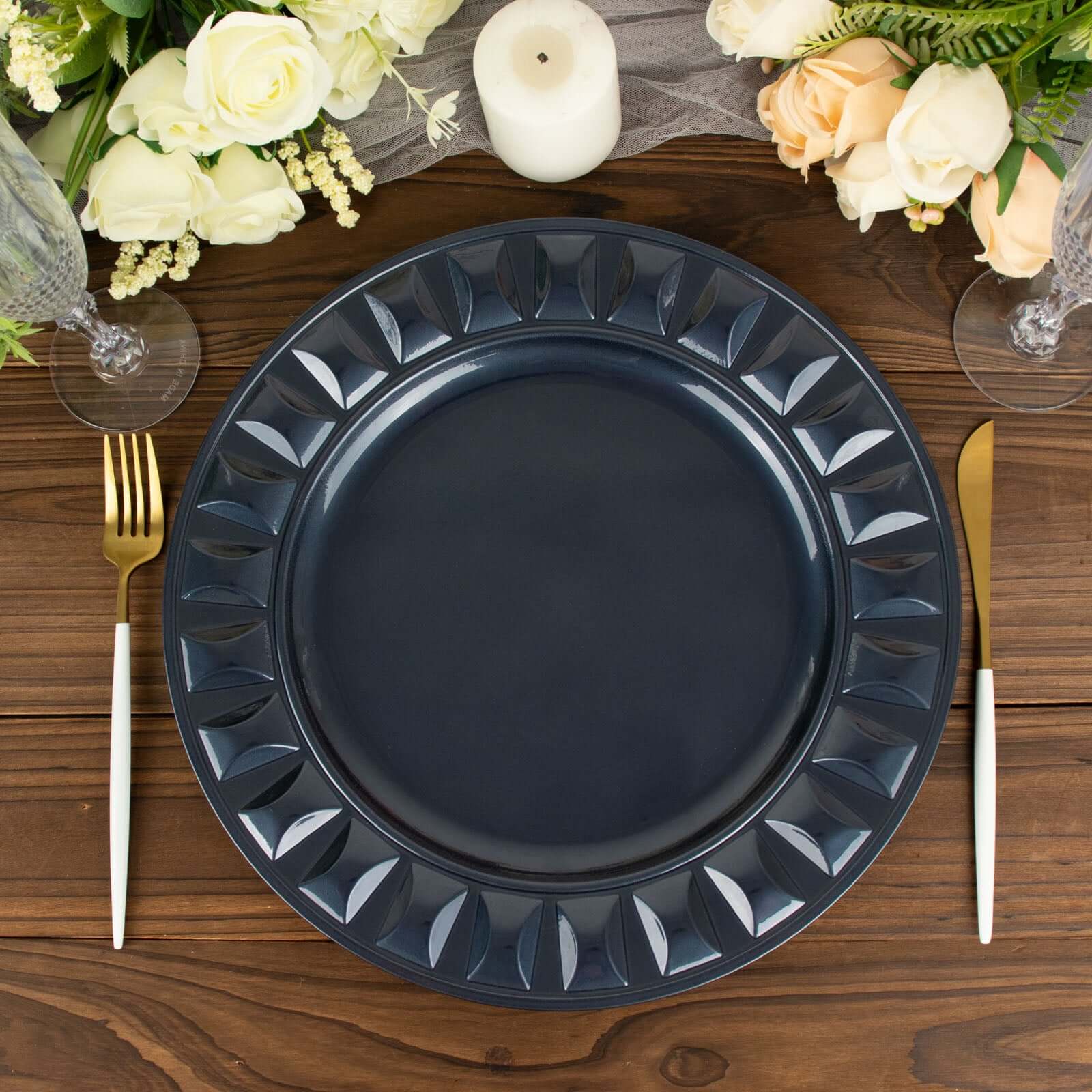 6-Pack Plastic Round Charger Plates 13 in Navy Blue with Bejeweled Rim, Luxe Decorative Dinner Party Charger Tableware