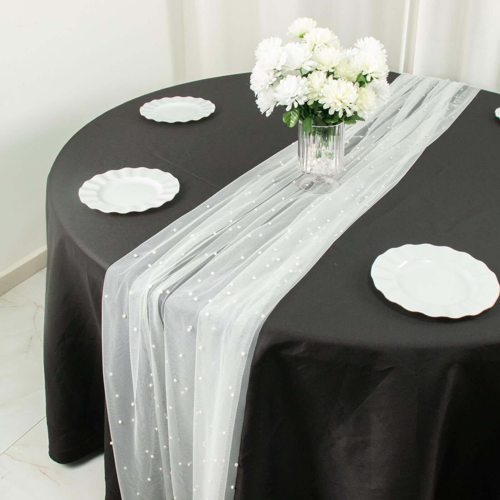 Sheer Tulle 48x120 Table Runner White Pearl Embellished - Stylish Wedding & Event Table Linen