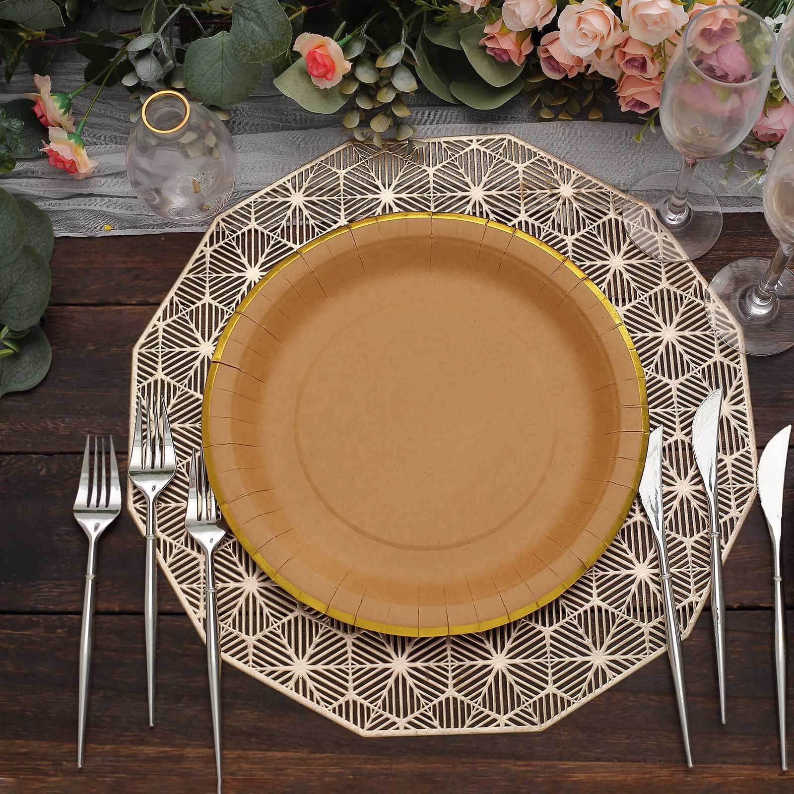 25-Pack Kraft Paper 10 Round Dinner Plates in Natural Brown with Gold Lined Rim - Disposable Party Plates for Rustic & Vintage Inspired Events