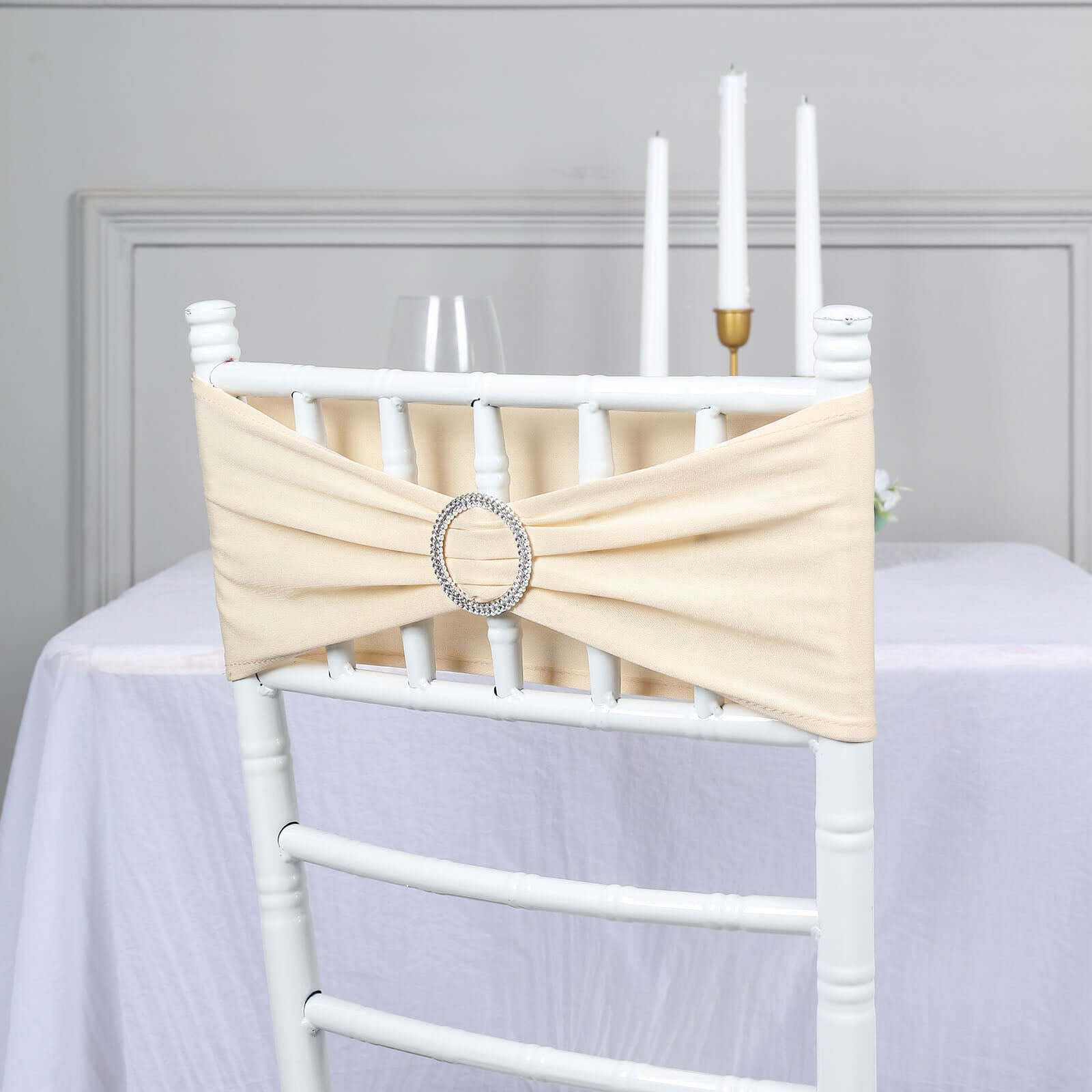 5 Pack Stretch Spandex Chair Sashes Beige - Reusable Chair Bands with Silver Diamond Ring Slide Buckle 5x14