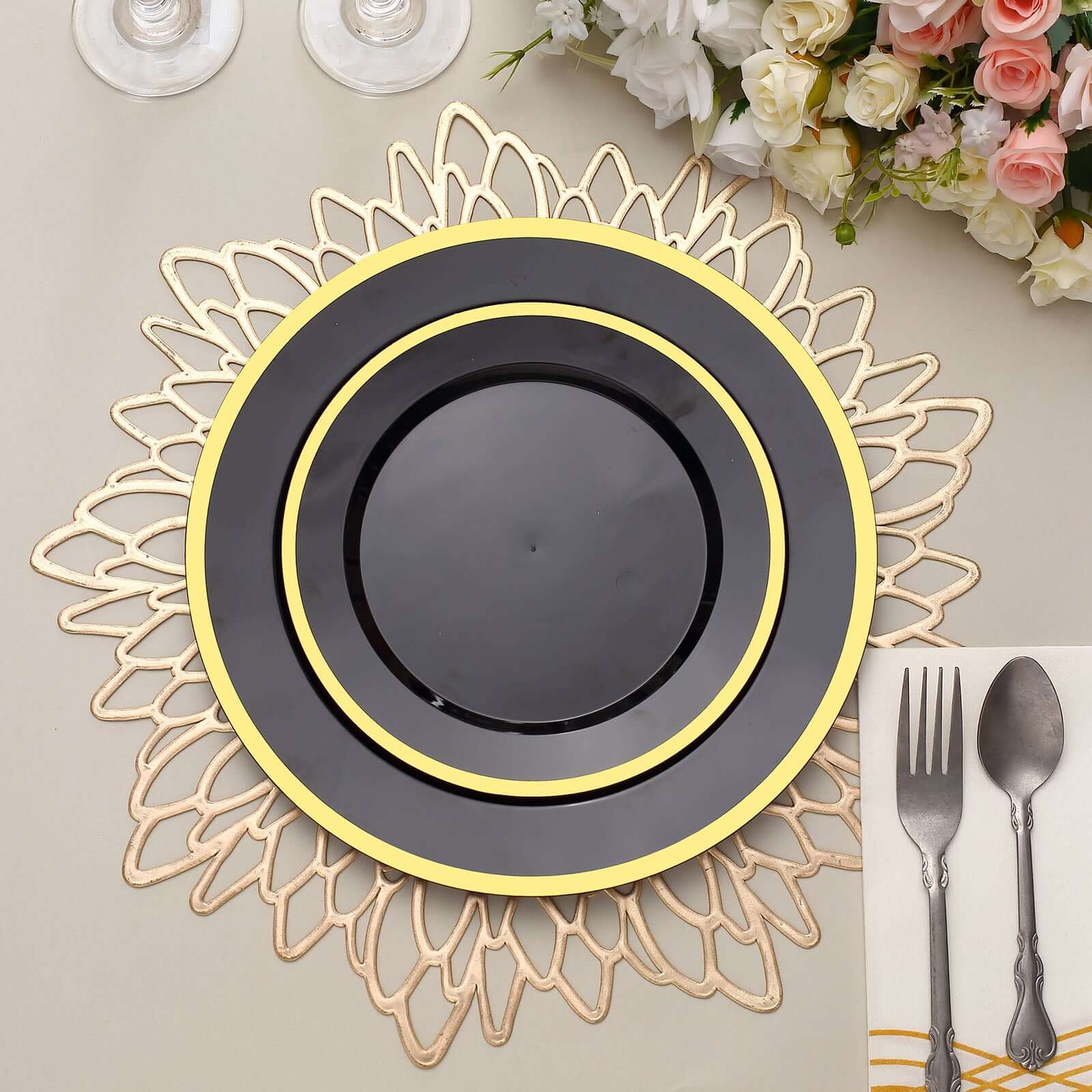 10-Pack Plastic 7 Round Appetizer Plates in Black with Gold Rim - Sleek Disposable Salad Plates for Banquets & Special Occasions