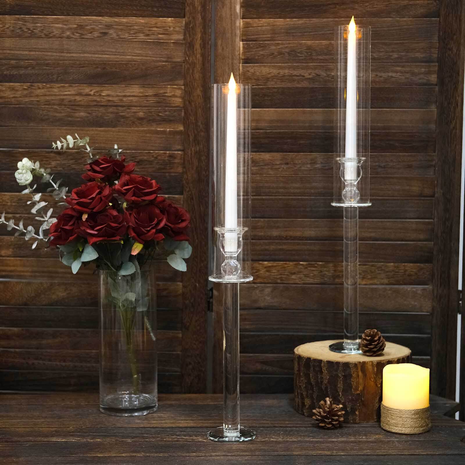 2-Pack Crystal Glass Hurricane Taper Candle Holders, Tall Decorative Candle Stands Clear Cylinder Chimney Tubes 22