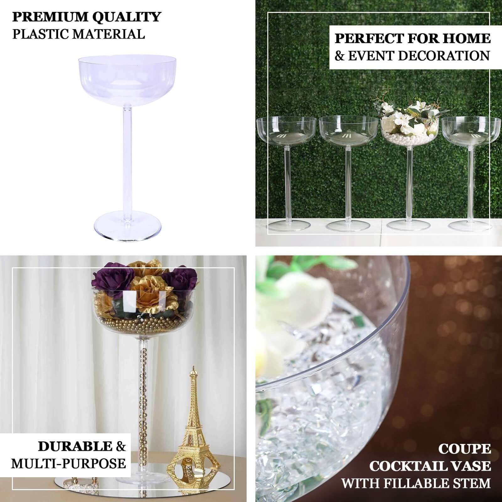 4-Pack Plastic Flower Vases Champagne Glass Design Clear - Fillable Long Stem Centerpieces for Events 18