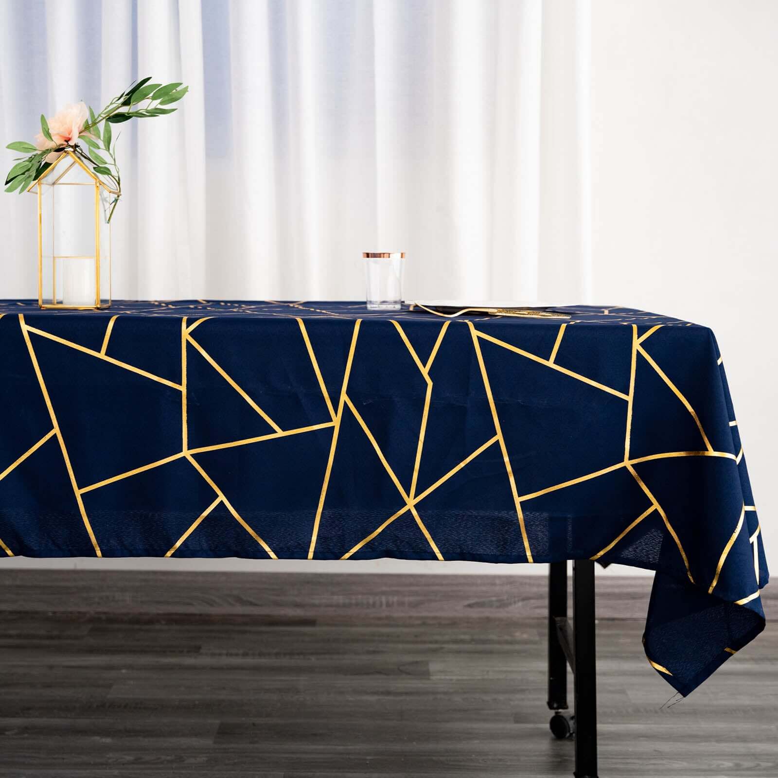Polyester 60x102 Rectangle Tablecloth Navy Blue with Gold Foil Geometric Pattern - Wrinkle-Resistant & Durable Table Cover