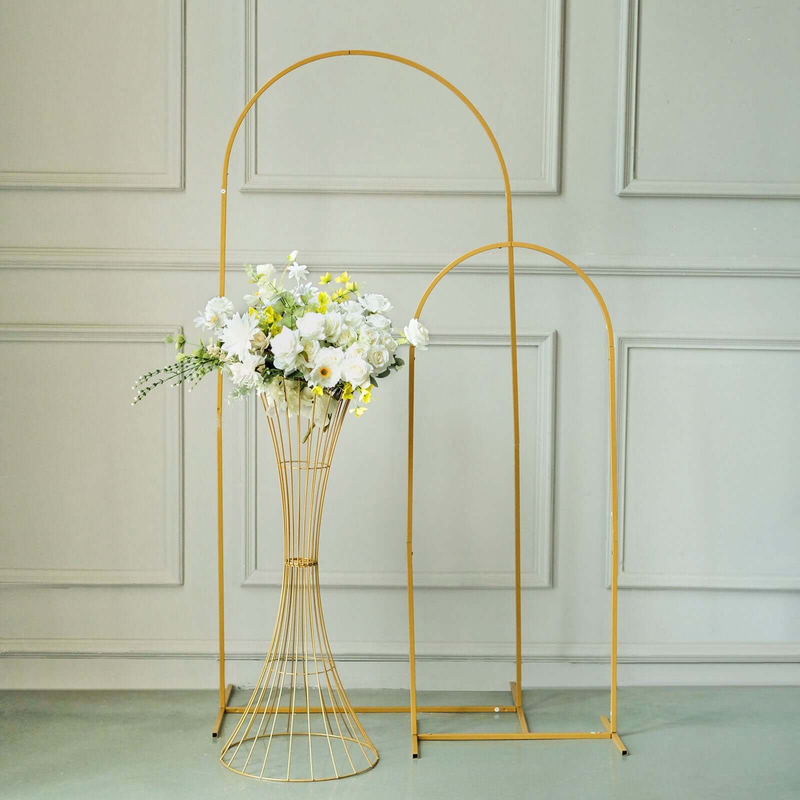 36 Tall Gold Metal Wire Hourglass Flower Frame Stand, Open Frame Reversible Trumpet Centerpiece Stand