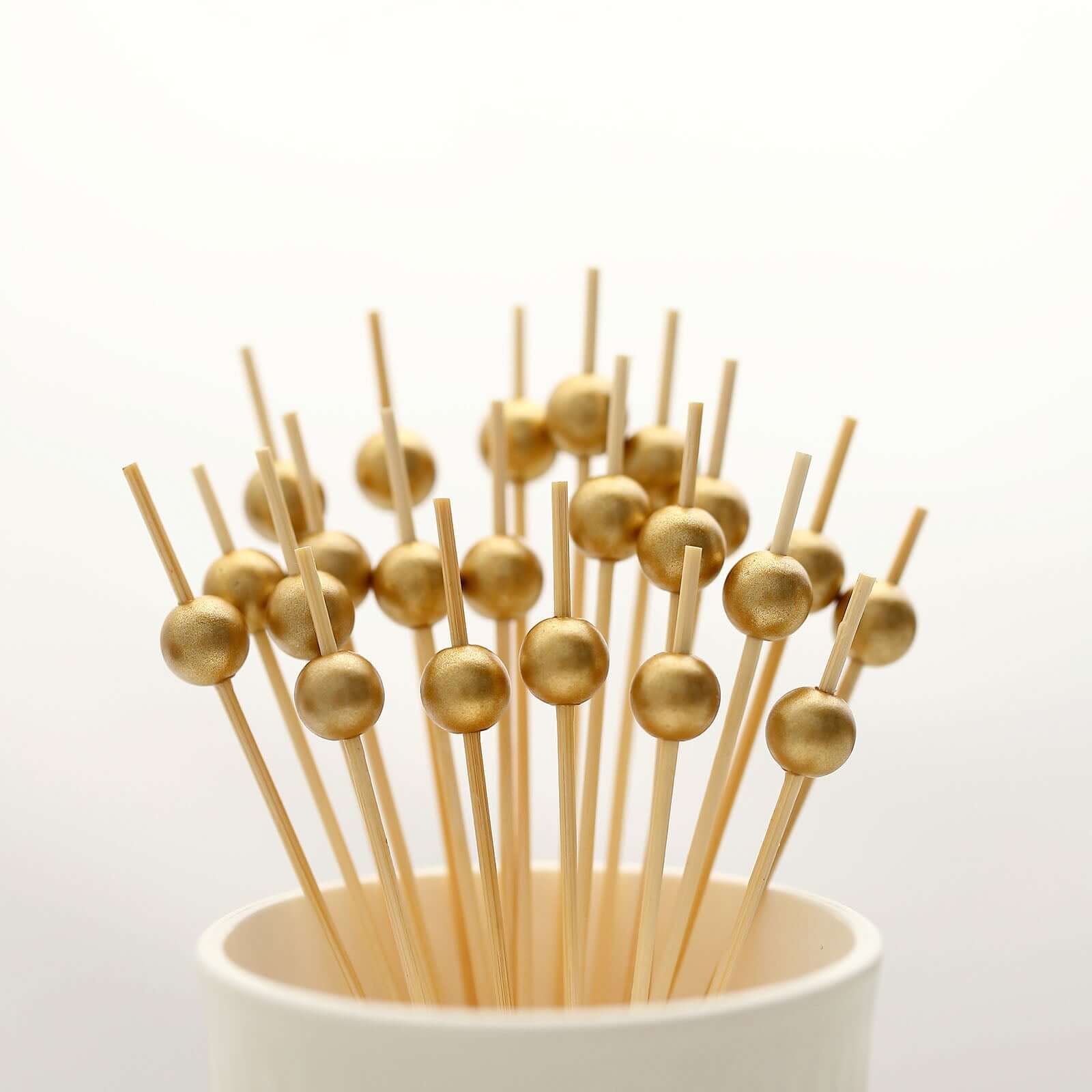 100-Pack Bamboo Cocktail Picks Gold Pearl Decorative Top Design - Eco Friendly Stir Sticks 4.5