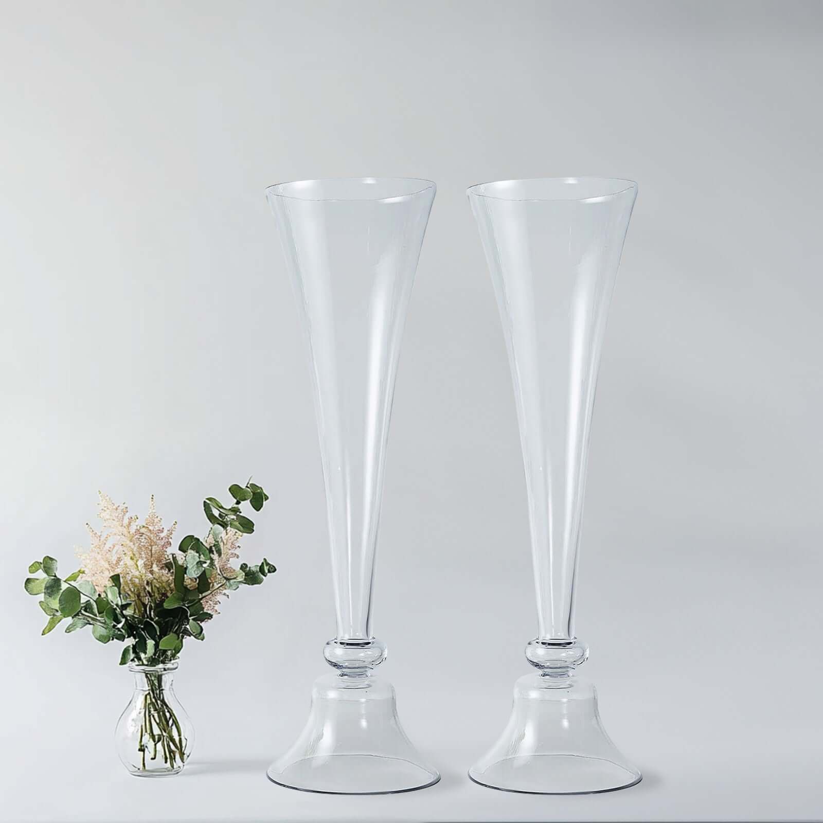 Set of 2 Glass Trumpet Vases Reversible Clarinet Style Clear - Stylish Flower Centerpieces for Events 32