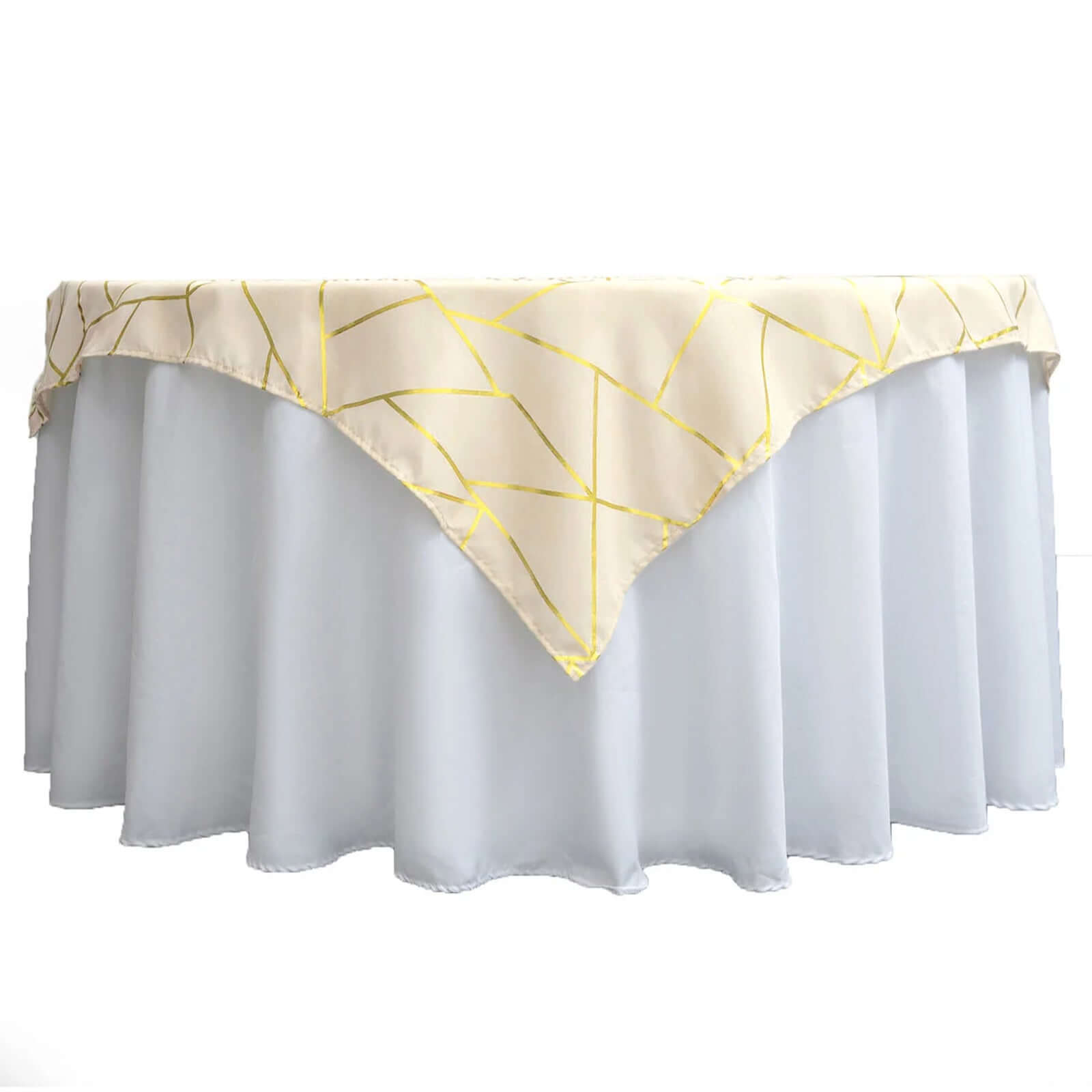 Polyester 54x54 Table Overlay Square Tablecloth Beige with Gold Foil Geometric Pattern - Wrinkle-Resistant & Durable Table Topper