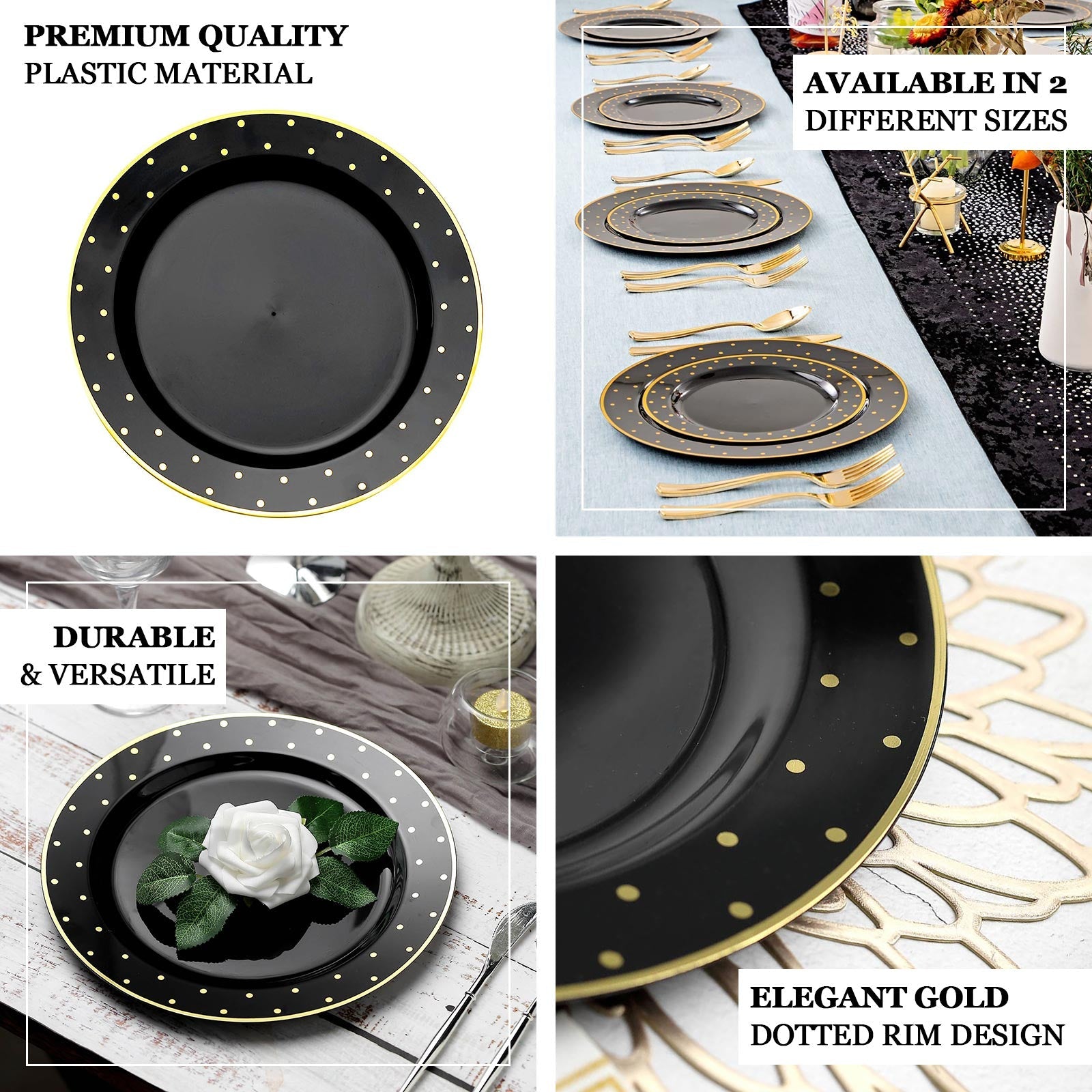 10 Pack 10 Black With Gold Dot Rim Plastic Dinner Plates, Round Disposable Tableware Plates