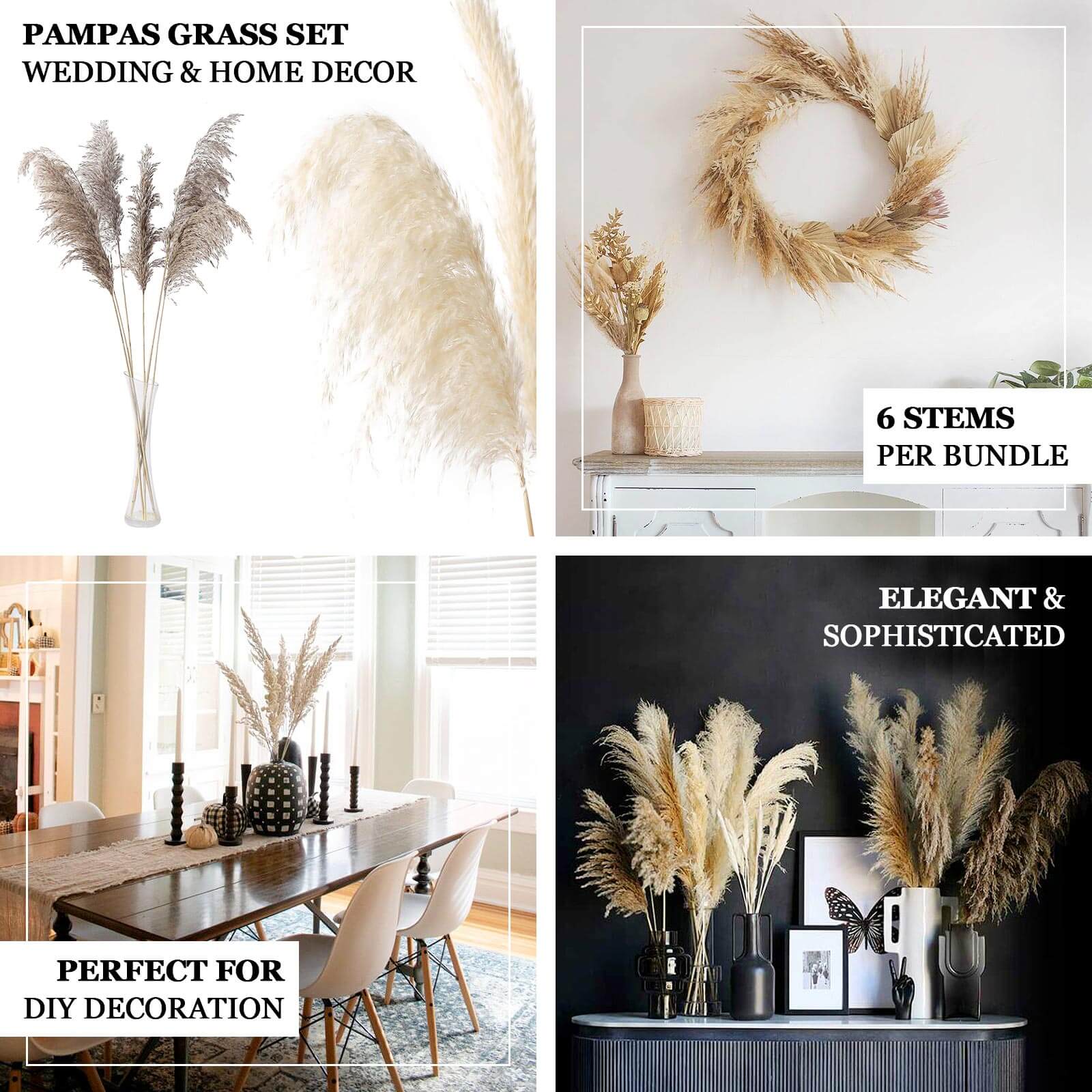 6 Stems Natural Dried Pampas Grass Decor Natural Tint - Versatile Plant Sprays for Boho Chic Vase Displays Backdrops & Event Styling 32