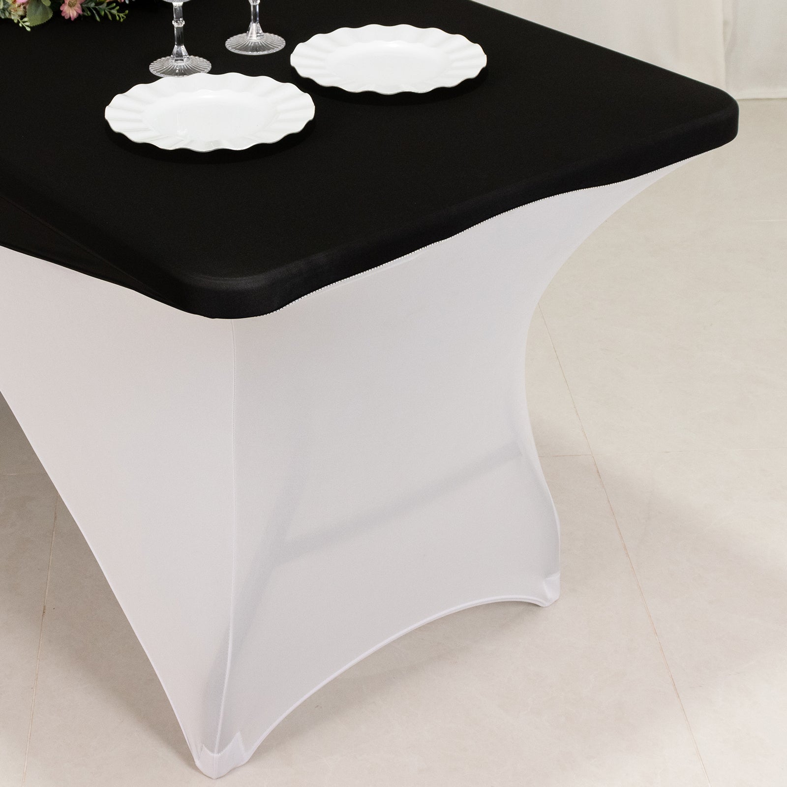 Stretch Spandex 72x30 Rectangle Table Cover Black/White Cross Over Design - Versatile & Sleek Two-Piece Fitted Tablecloth with Elastic Foot Pockets