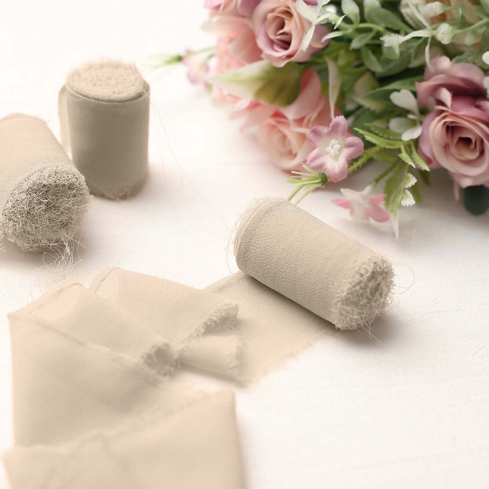 2 Pack 6yds Nude Silk-Like Chiffon Ribbon Roll, DIY Wedding Bouquet Linen Wrap