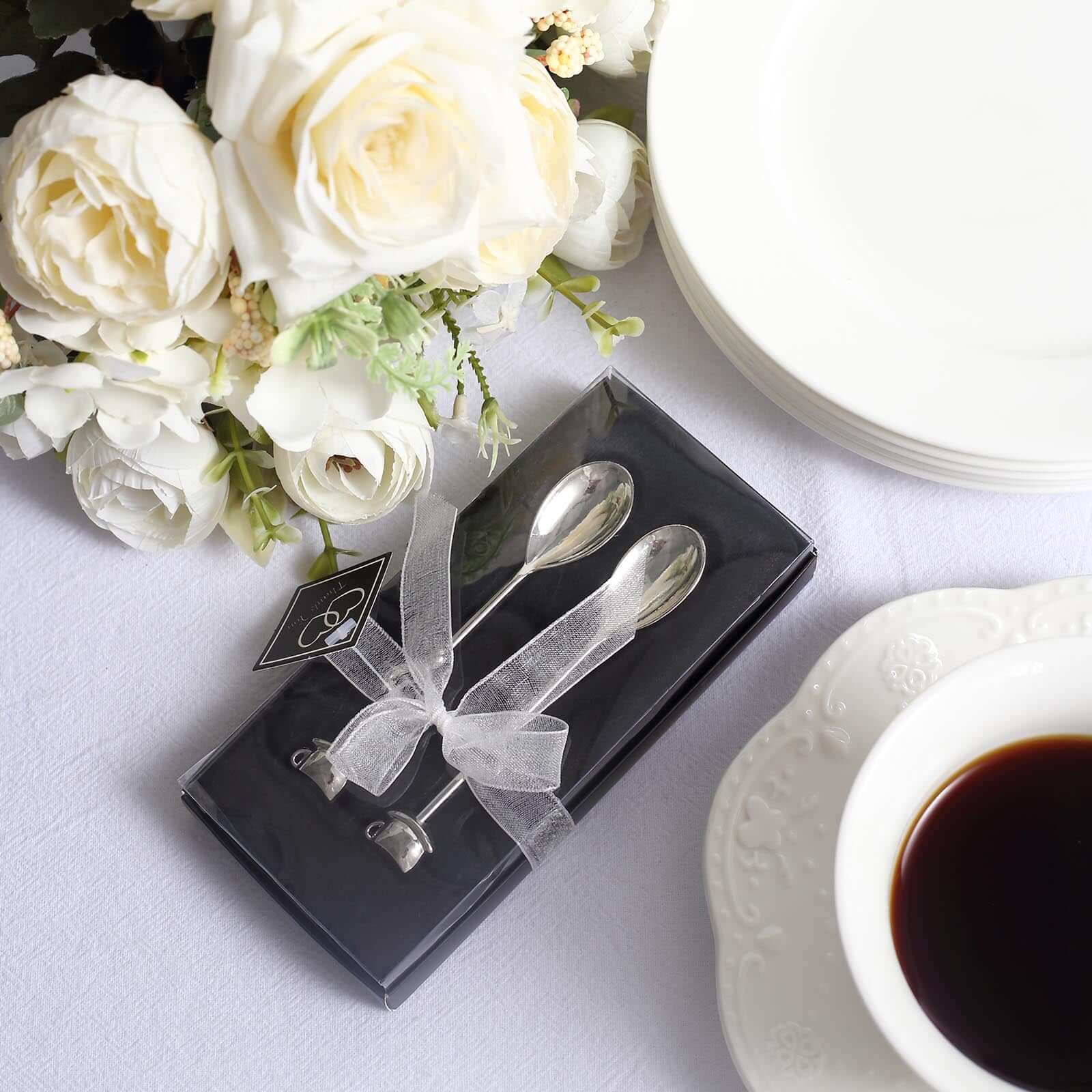 2 Pack 4 Silver Metal Couple Coffee Spoon Set Party Favors, Pre-Packed Wedding Souvenir Gift