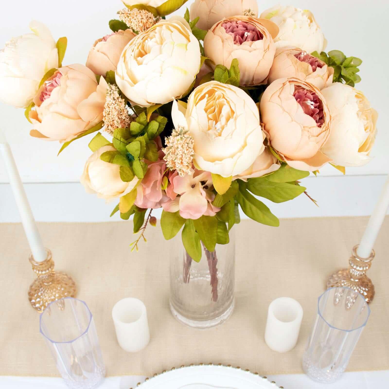 2 Pack 19 Cream Blush Artificial Peony Flower Wedding Bouquets, Faux Silk Flower Arrangements