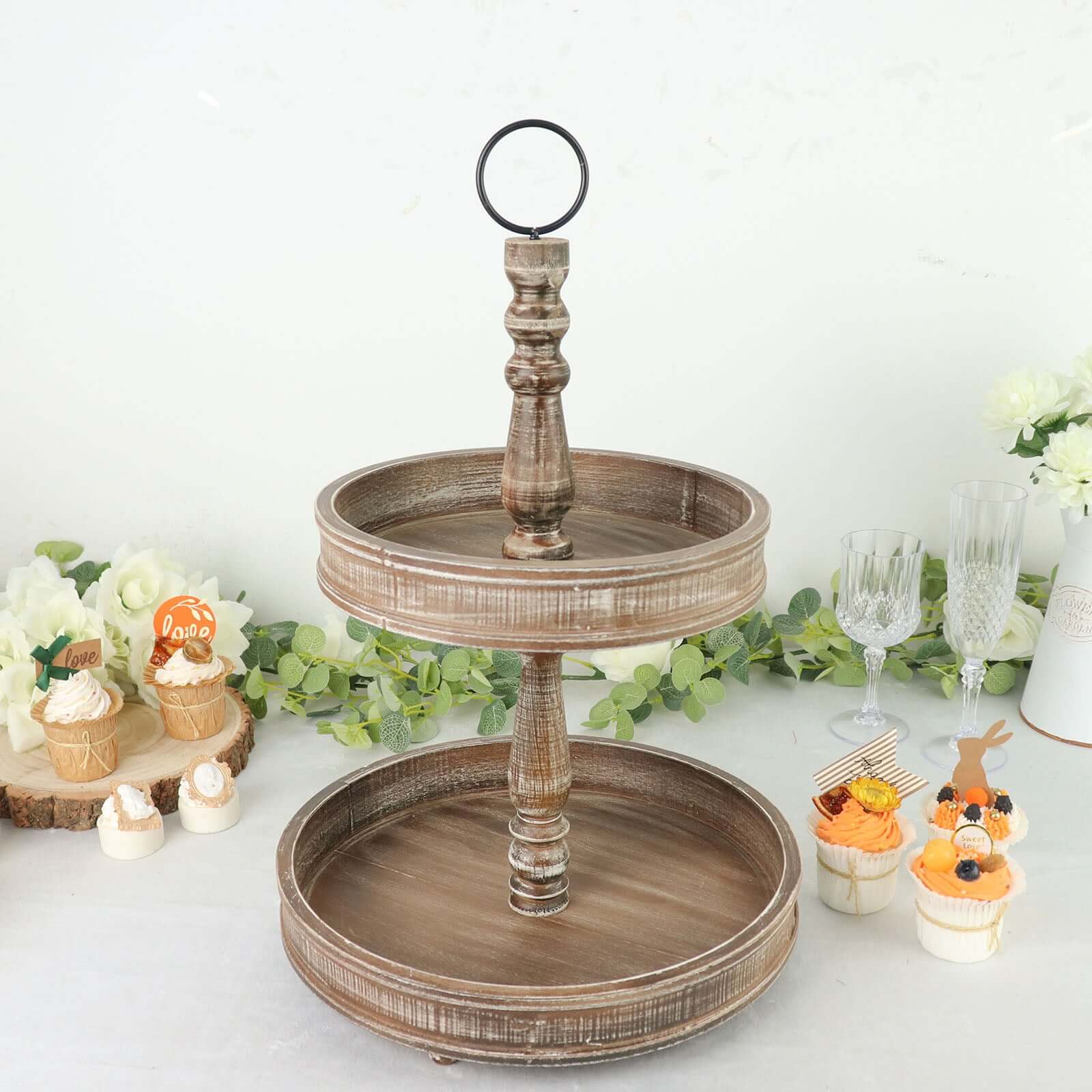 2-Tier Wooden Serving Tray Stand Rustic Brown Design - Farmhouse Style Cupcake Display 20