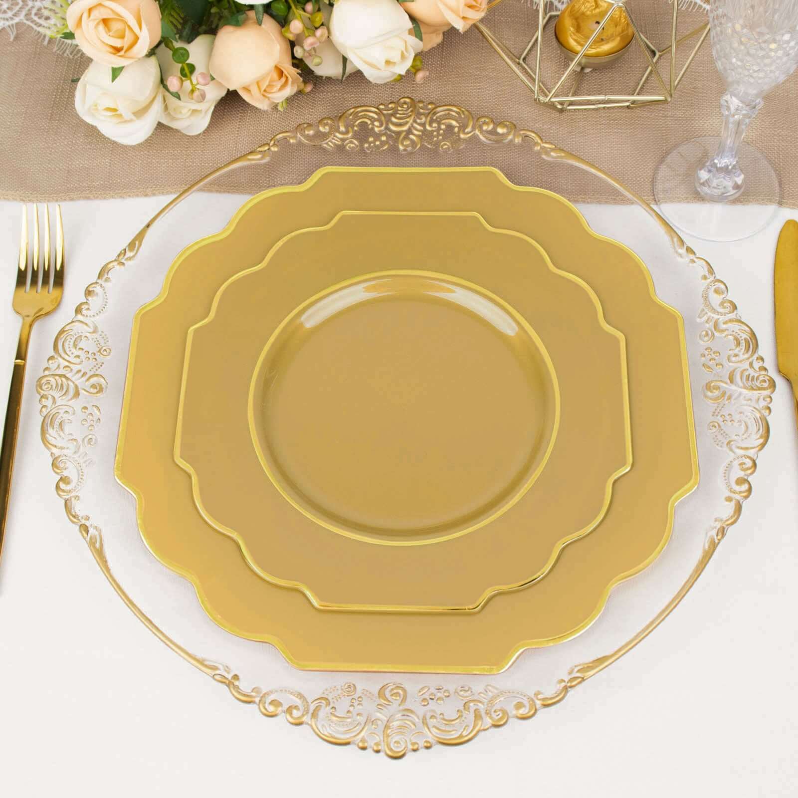 10-Pack Plastic Dessert Appetizer Plates in Gold Baroque Design with Scalloped Gold Rim - Heavy Duty Disposable Salad Plates 8