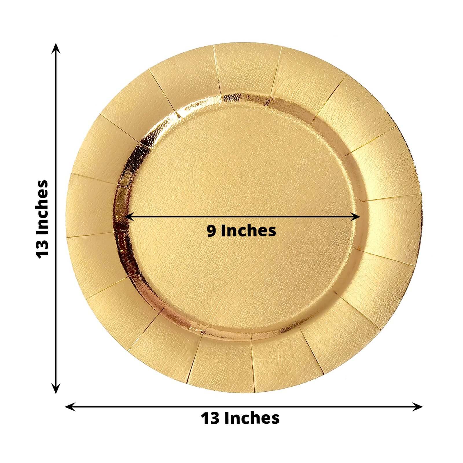 10-Pack Disposable Round Charger Plates in Gold with Leathery Texture - Durable 1100GSM Cardboard Placemats 13