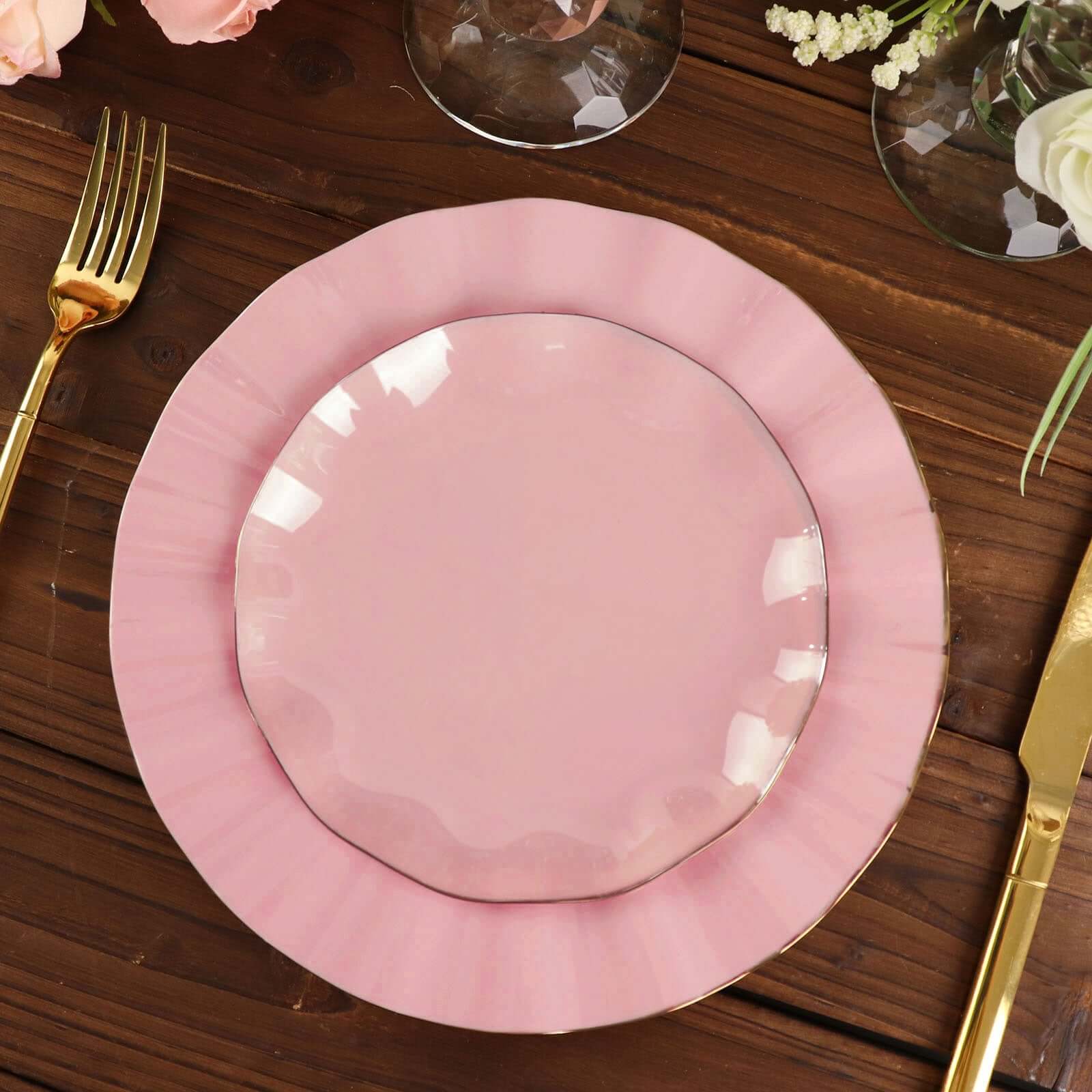 10-Pack Plastic Round 6 Dessert Plates in Dusty Rose Ruffled Rim with Gold Edging - Sturdy Disposable Salad Appetizer Dinnerware