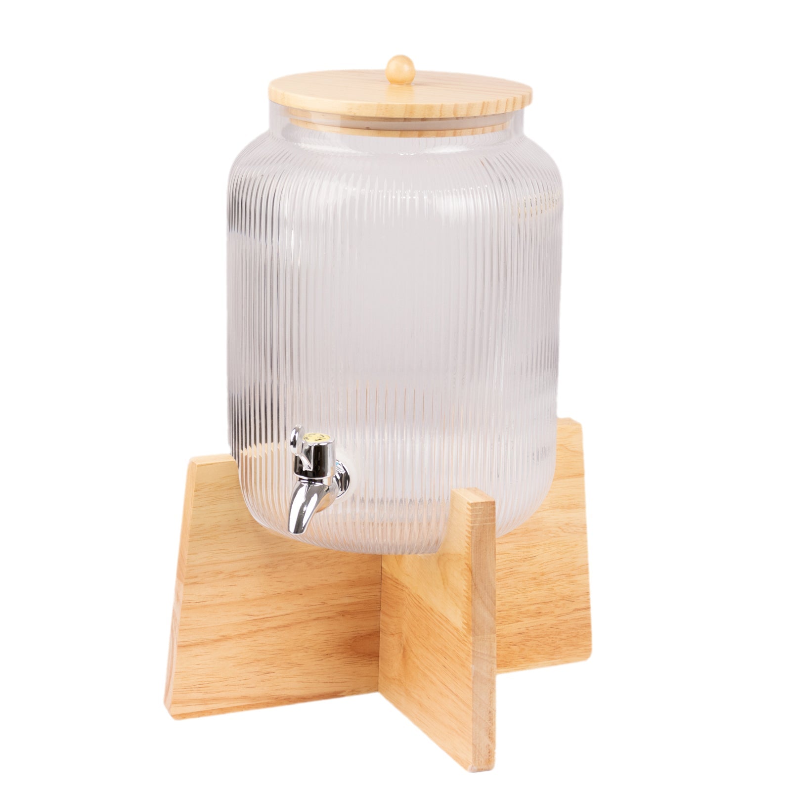 1 Gallon Clear Ribbed Glass Beverage Dispenser, Round Juice Jar with Wooden Stand and Lid - Lead-Free Countertop Feature 14