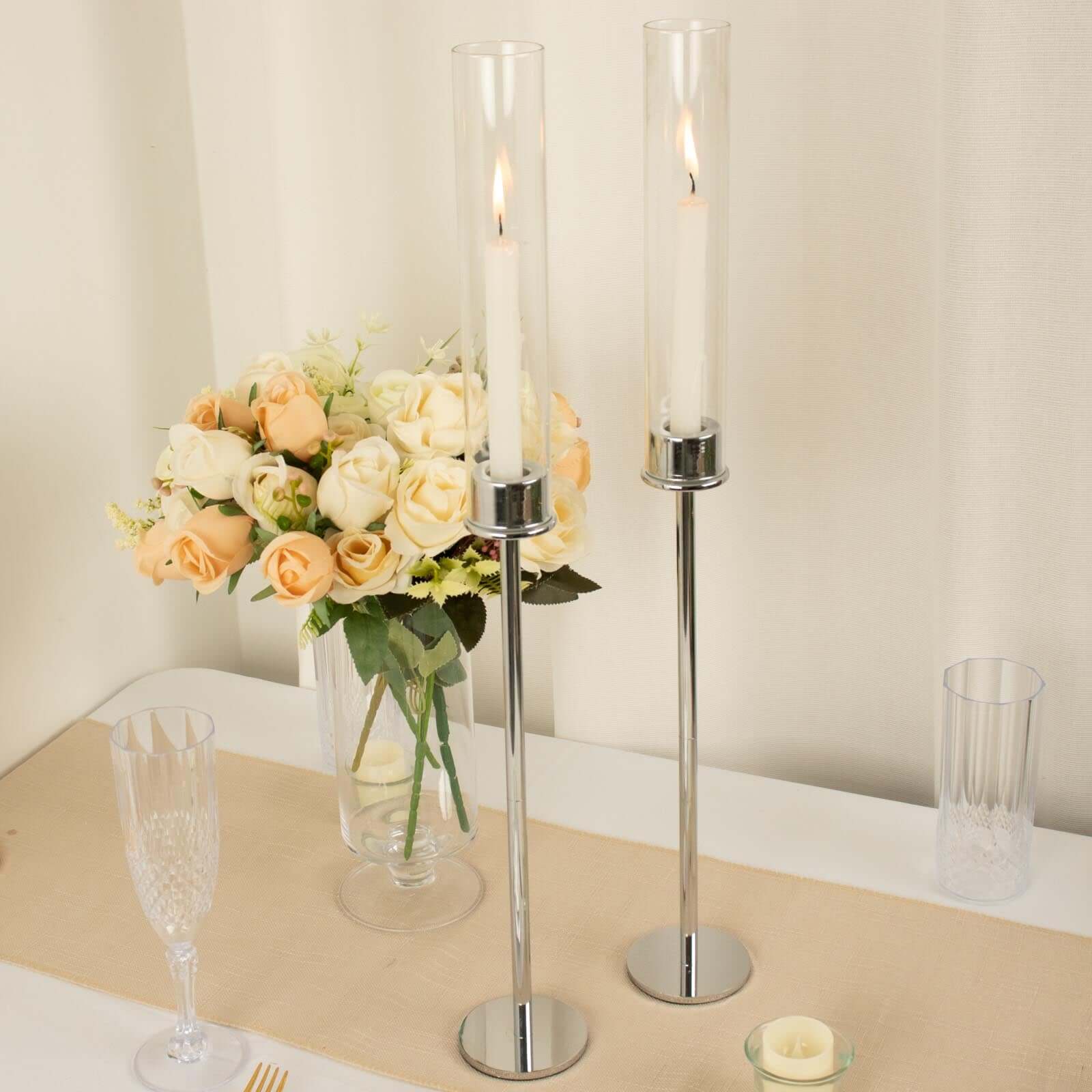 2-Pack Silver Metal Taper Candlestick Holders, Clear Glass Hurricane Candle Stands With Chimney Candle Shades 24